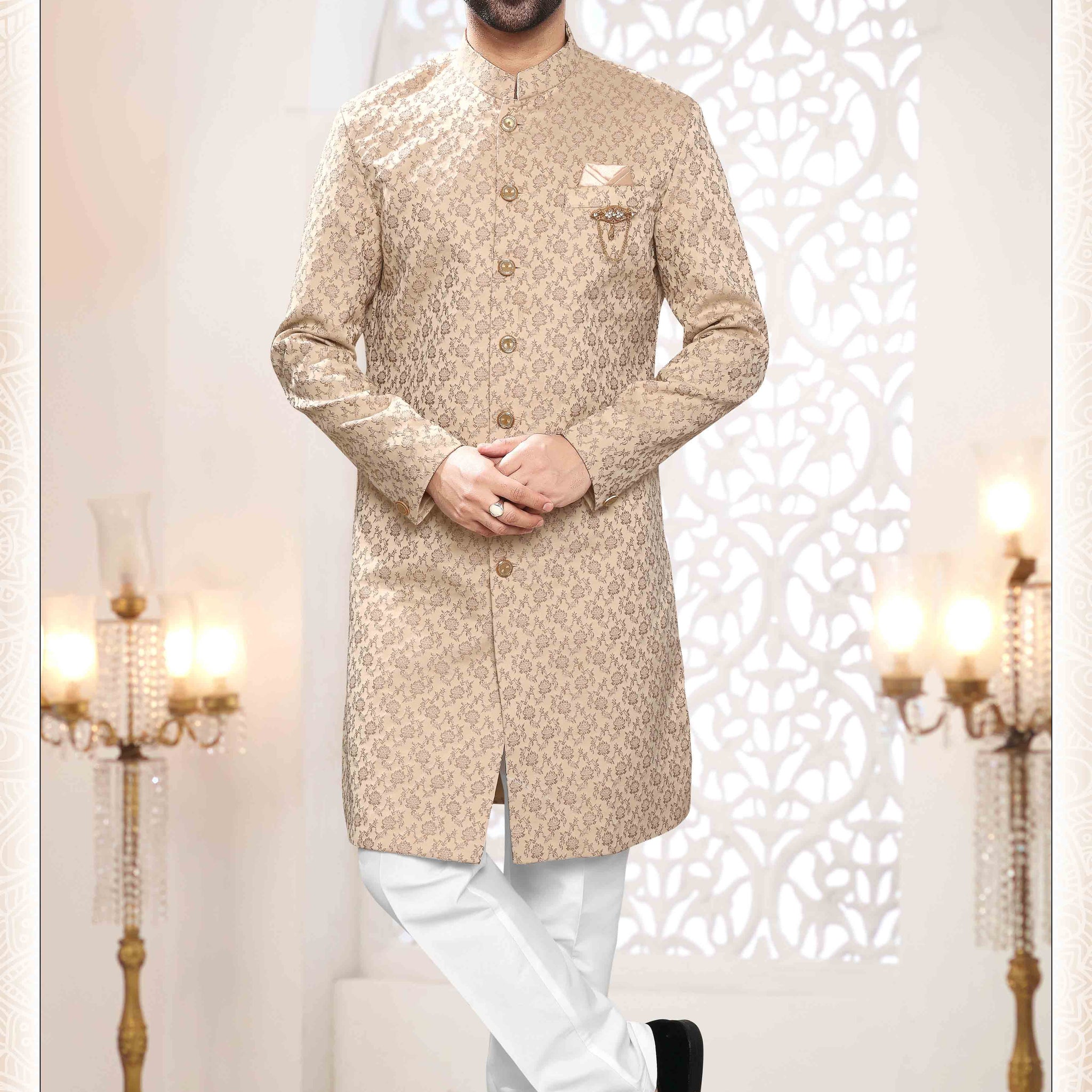 Embroidered Linen Sherwani in Beige