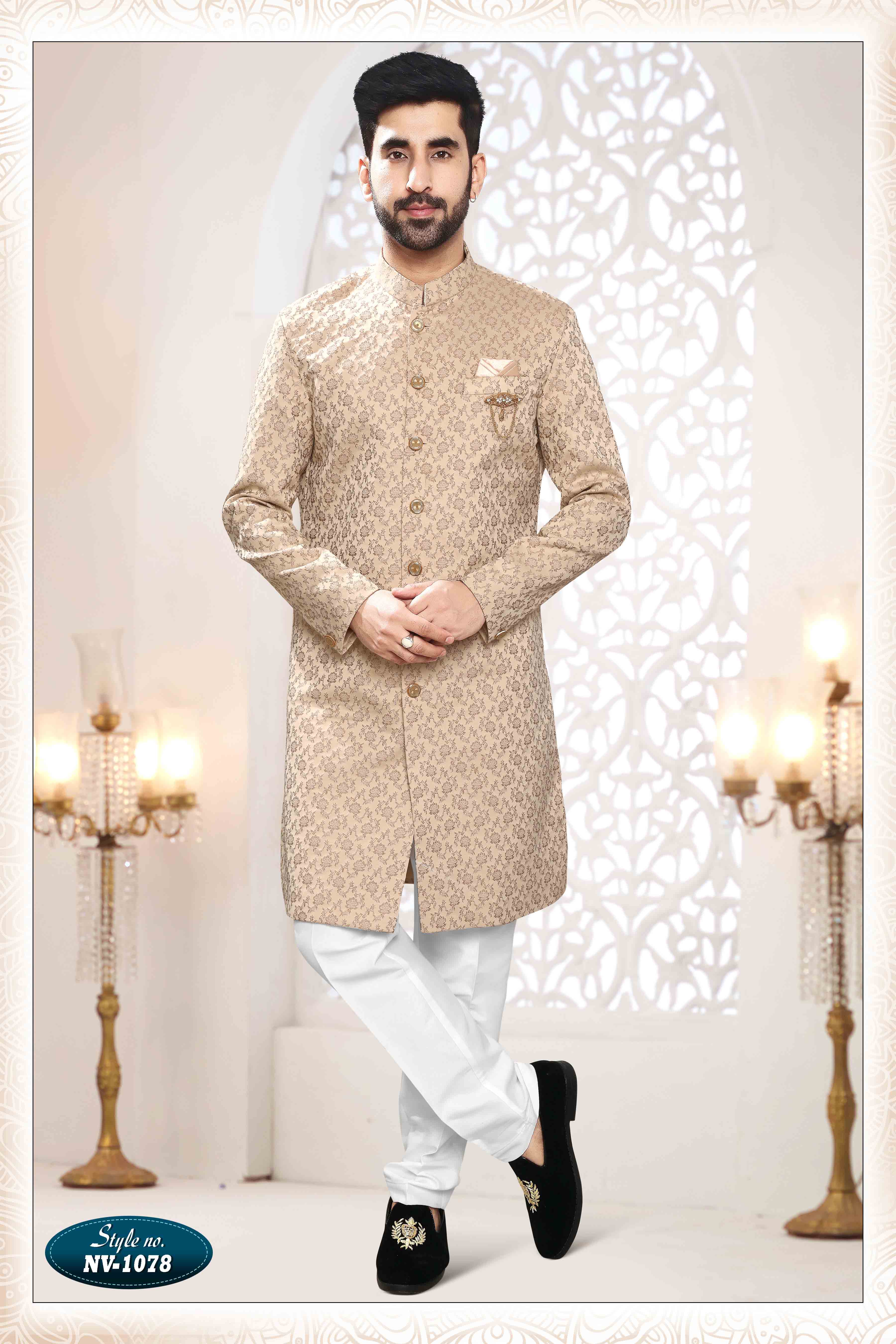 Embroidered Linen Sherwani in Beige