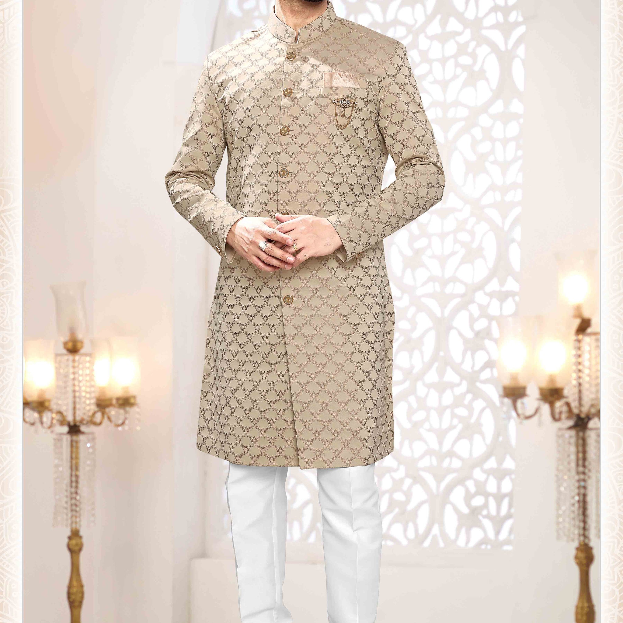 Woven Art Silk Jacquard Sherwani in gold