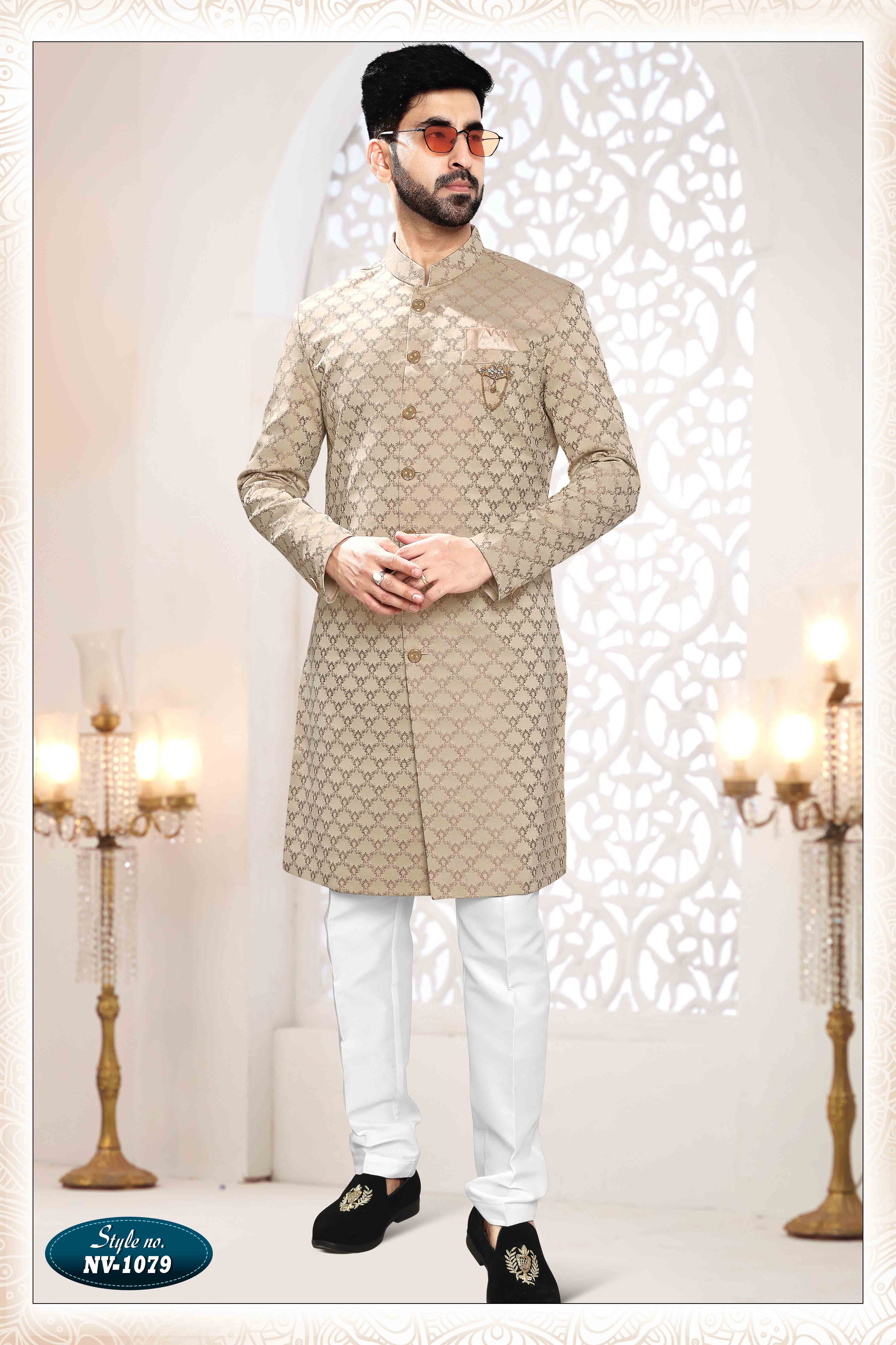 Woven Art Silk Jacquard Sherwani in gold