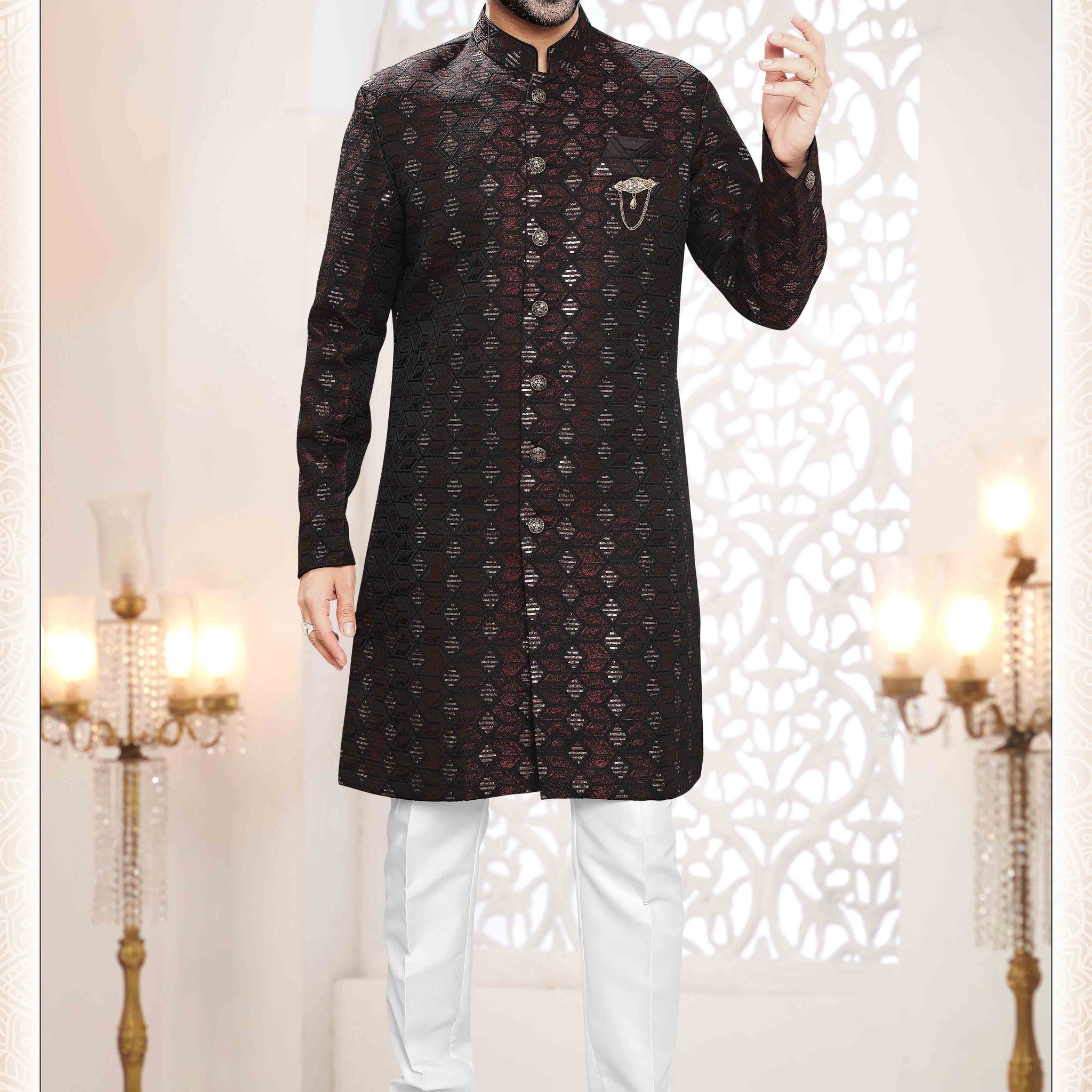 Woven Art Silk Jacquard Sherwani in maroon