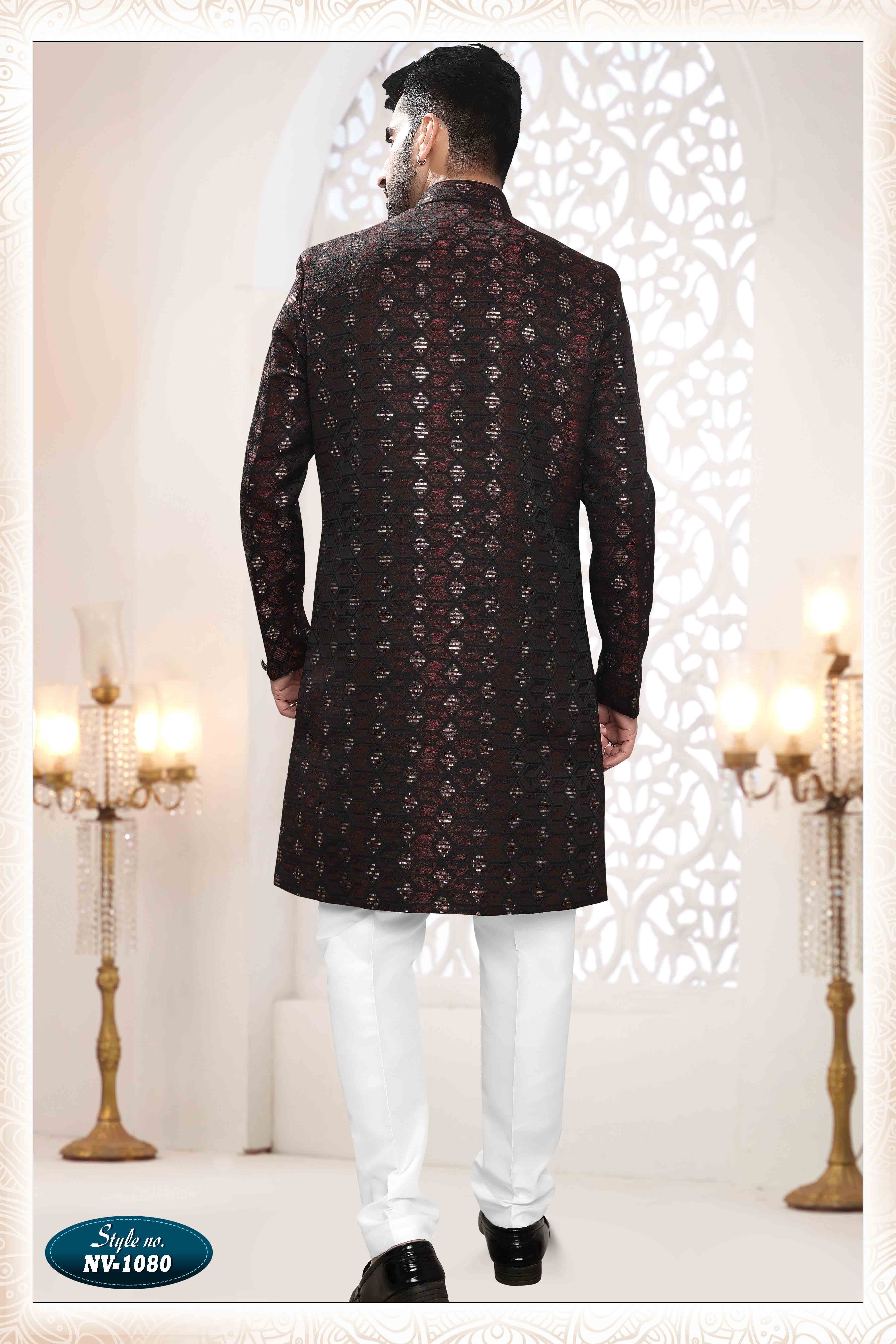 Woven Art Silk Jacquard Sherwani in maroon