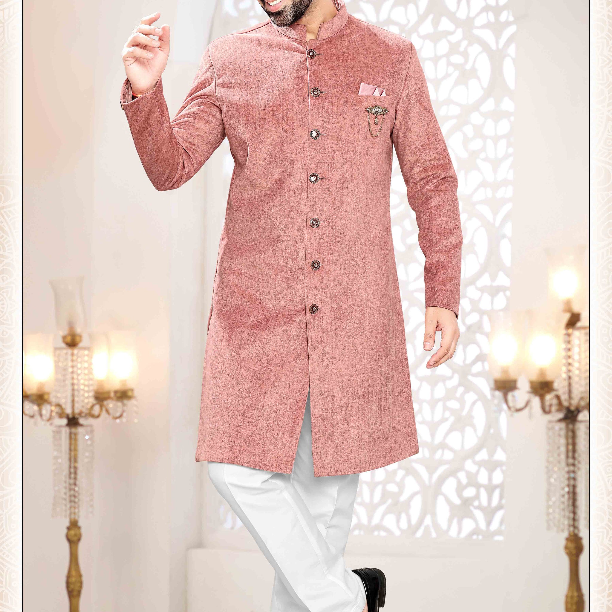 Suede Velvet Shervani In Pink