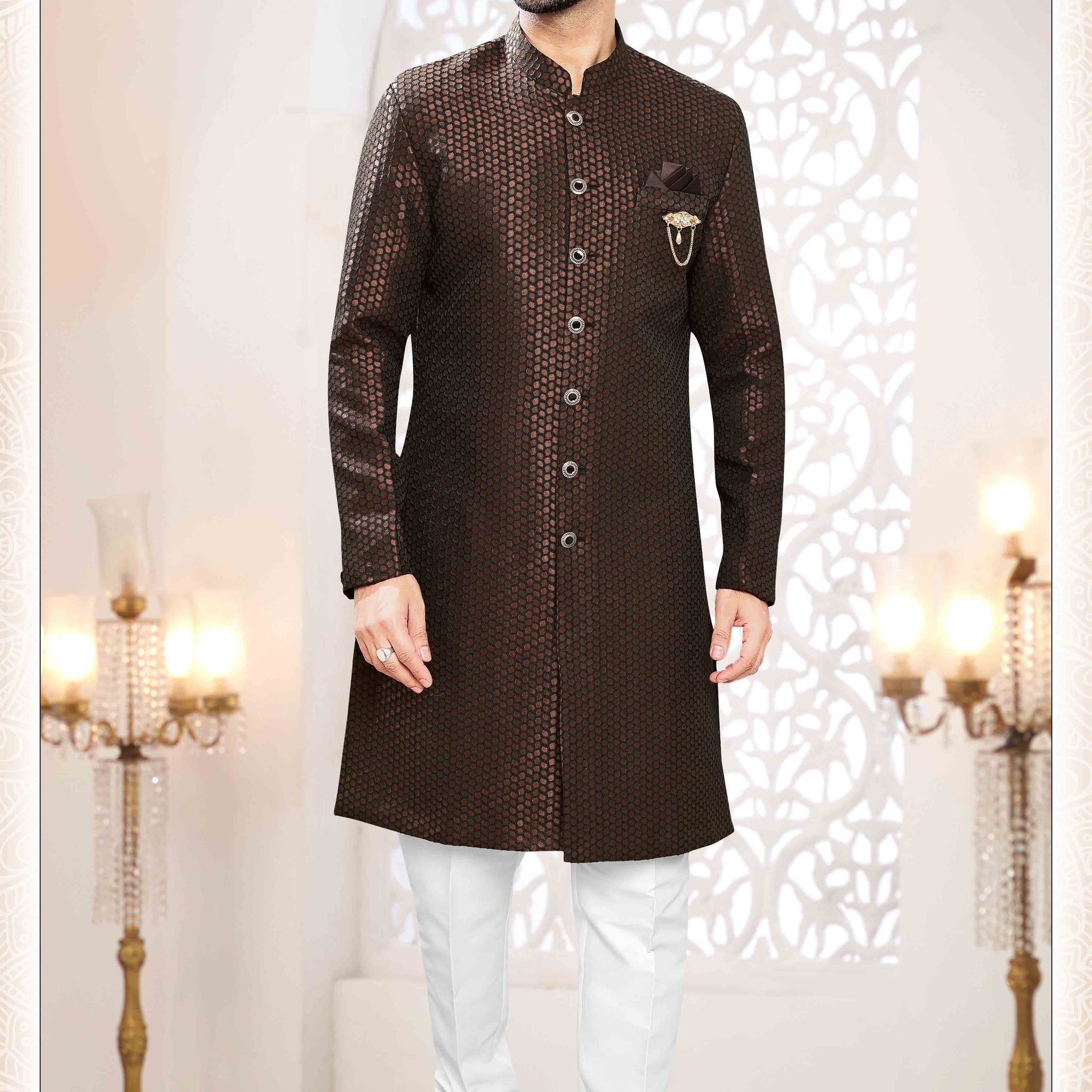 Woven Art Silk Jacquard Sherwani In Brown