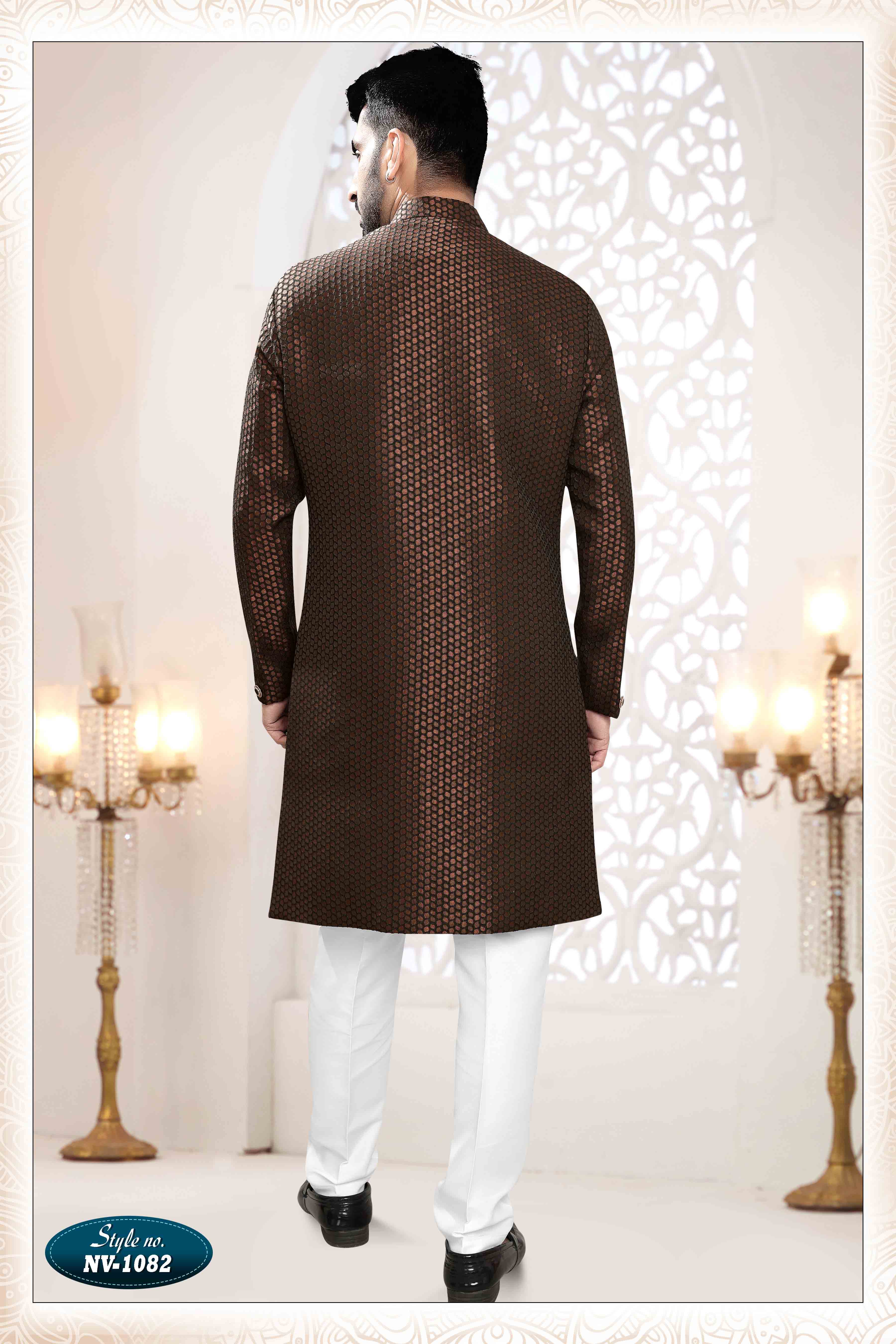 Woven Art Silk Jacquard Sherwani In Brown