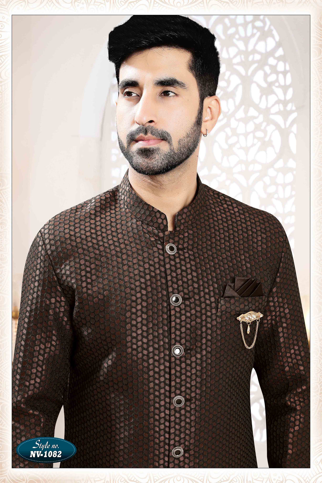 Woven Art Silk Jacquard Sherwani In Brown