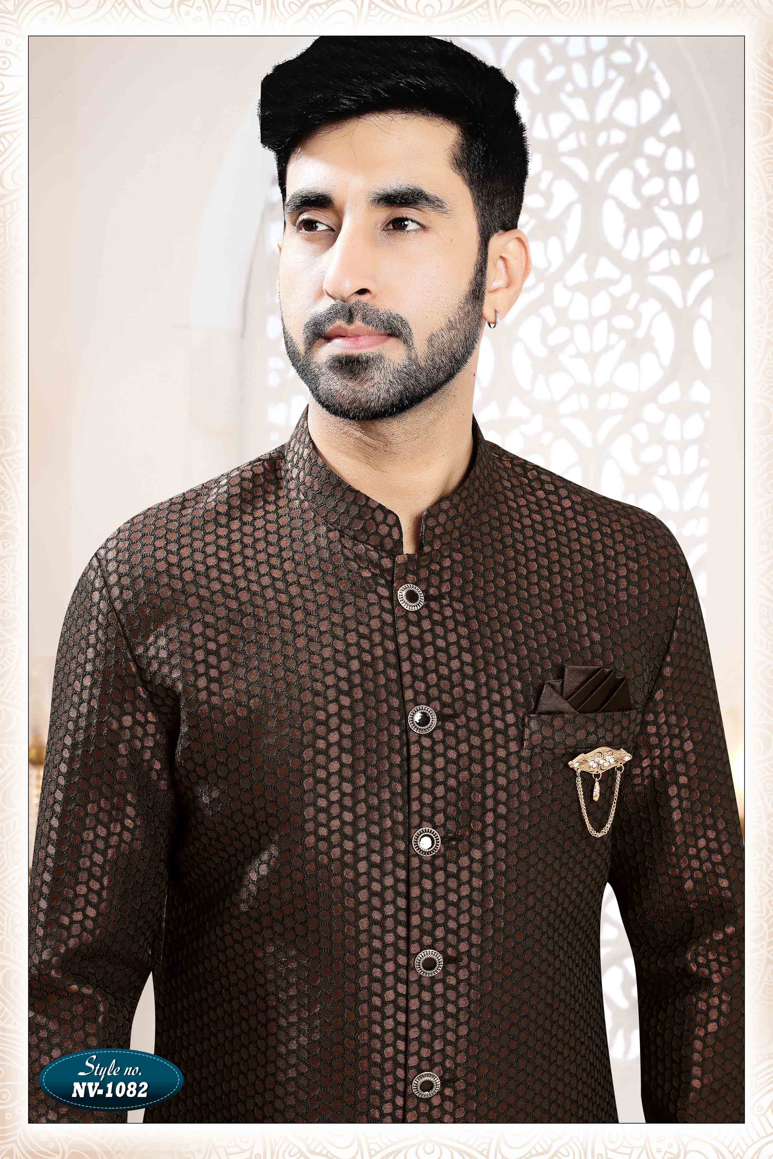 Woven Art Silk Jacquard Sherwani In Brown