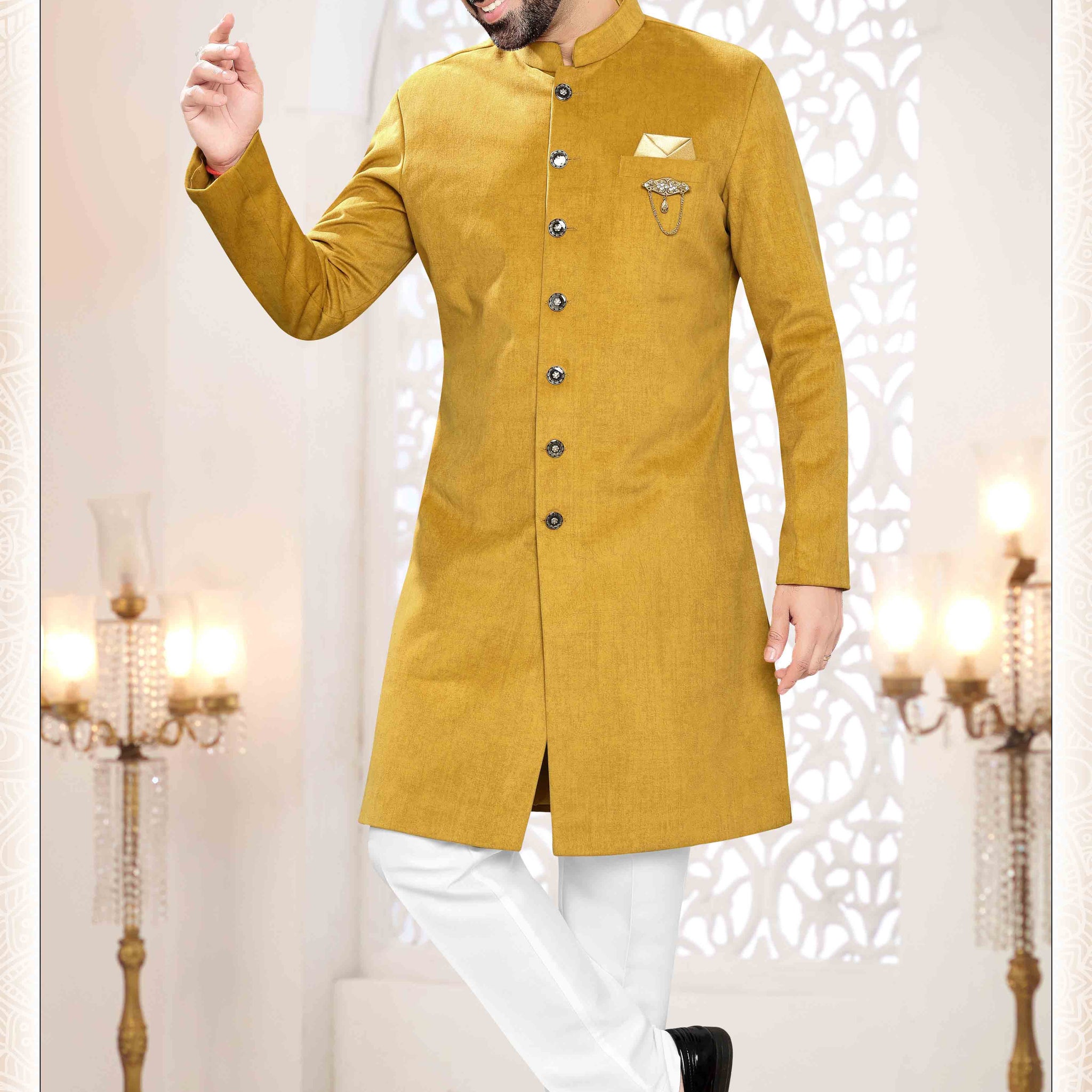 Suede Velvet Shervani In Yellow