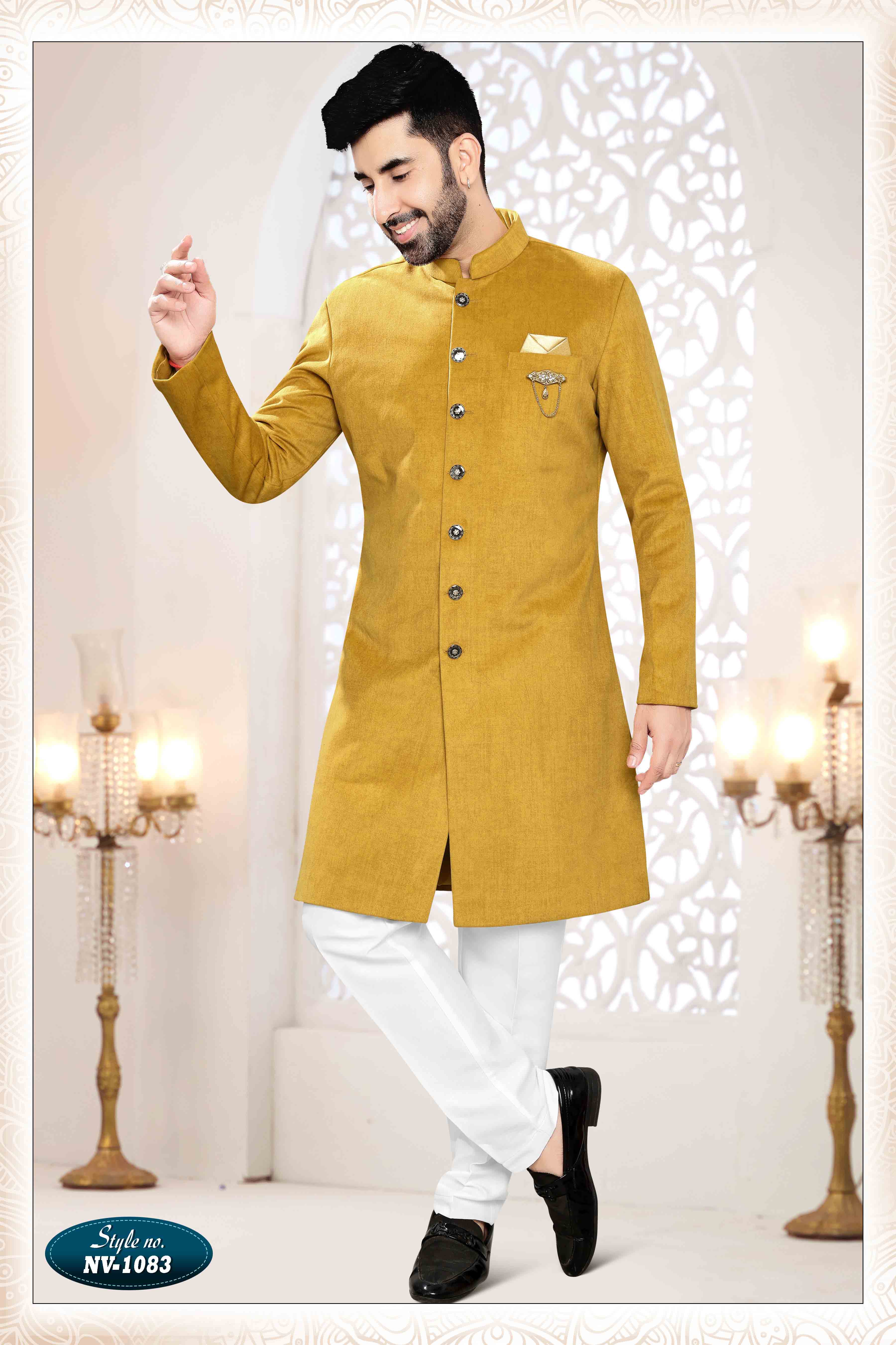 Suede Velvet Shervani In Yellow