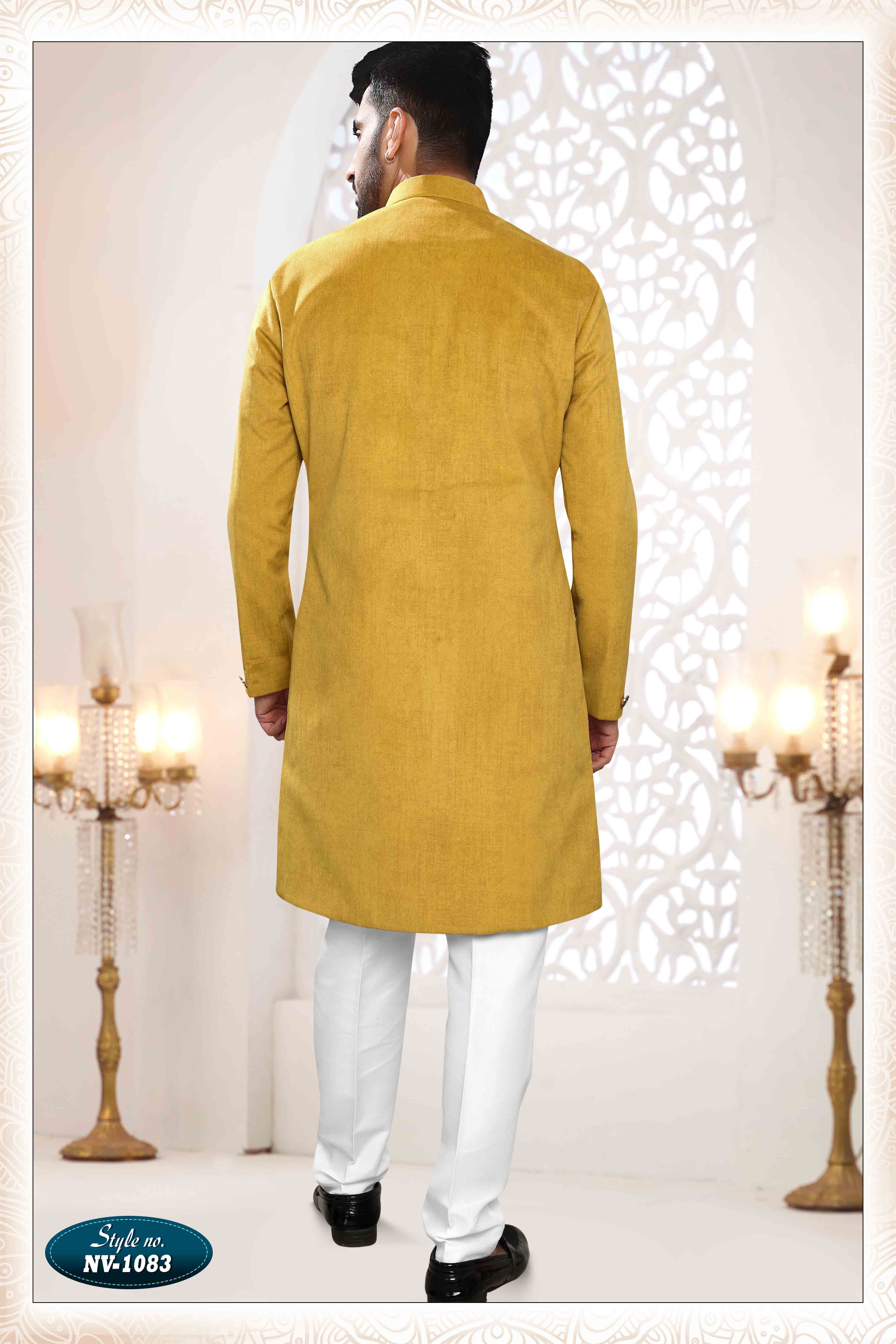 Suede Velvet Shervani In Yellow