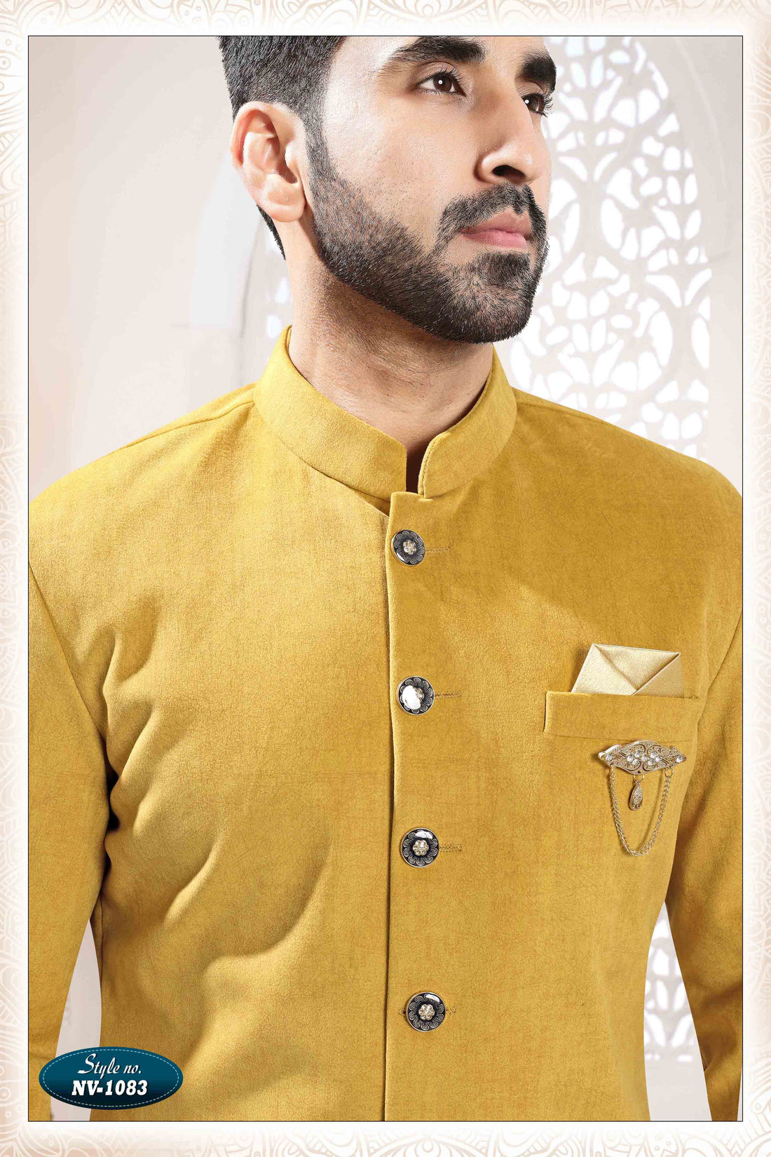 Suede Velvet Shervani In Yellow