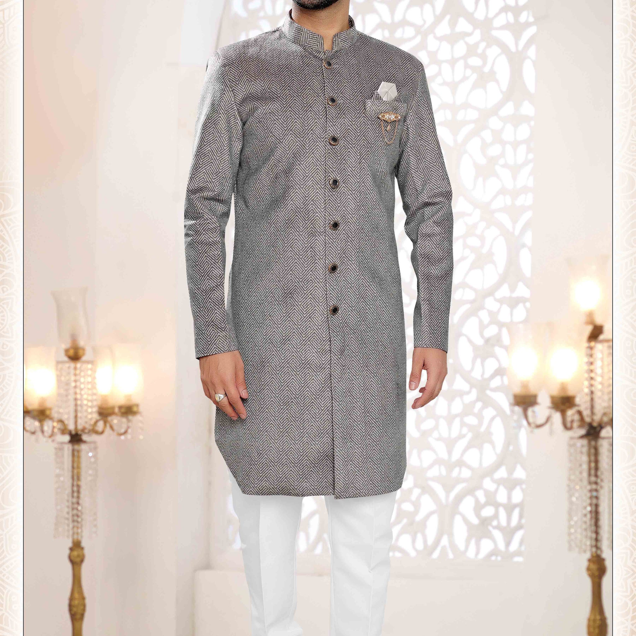 Suede Velvet Shervani In Grey
