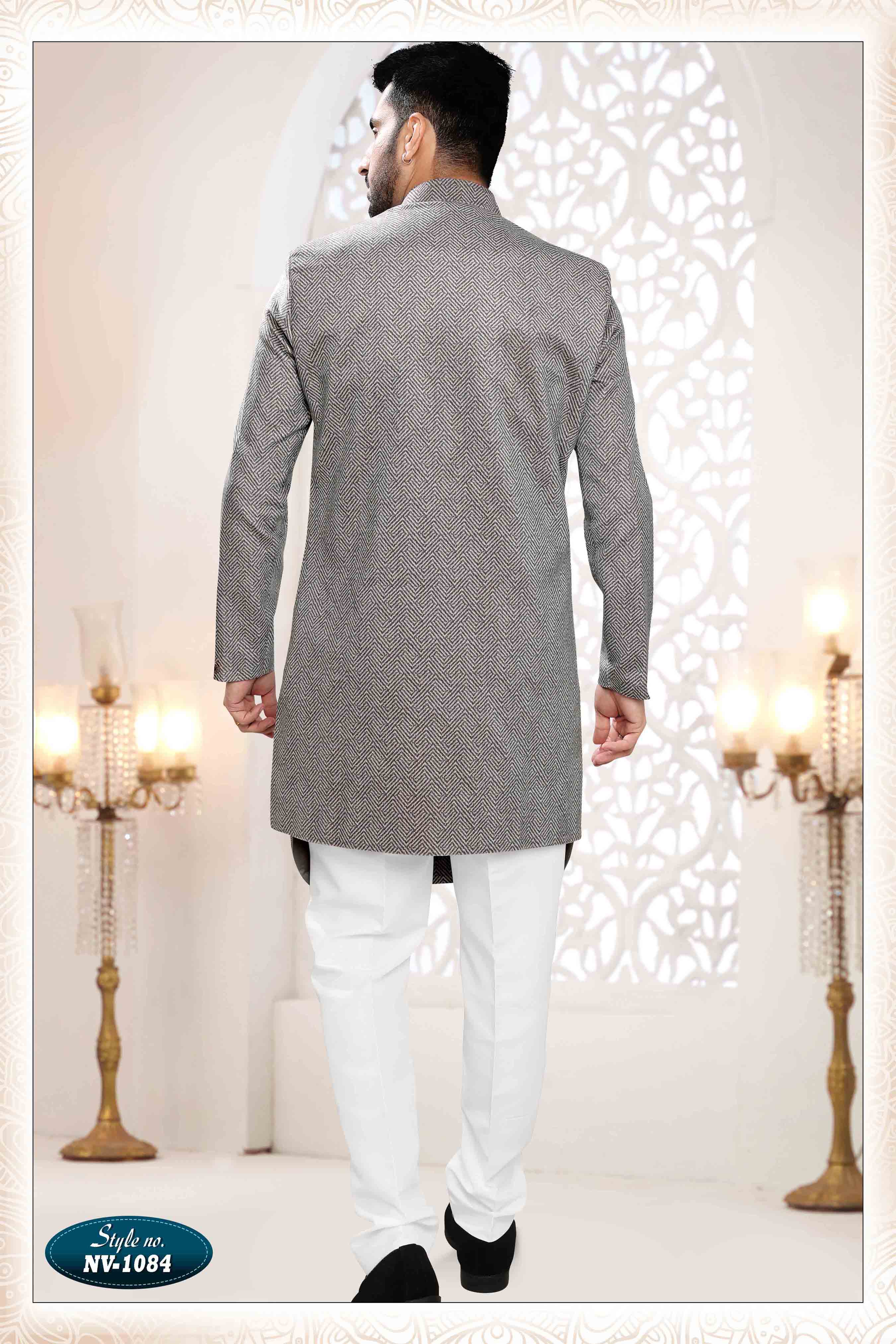 Suede Velvet Shervani In Grey