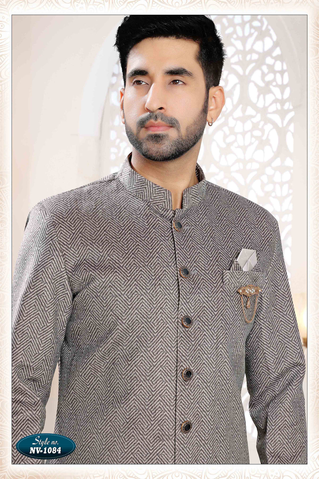 Suede Velvet Shervani In Grey