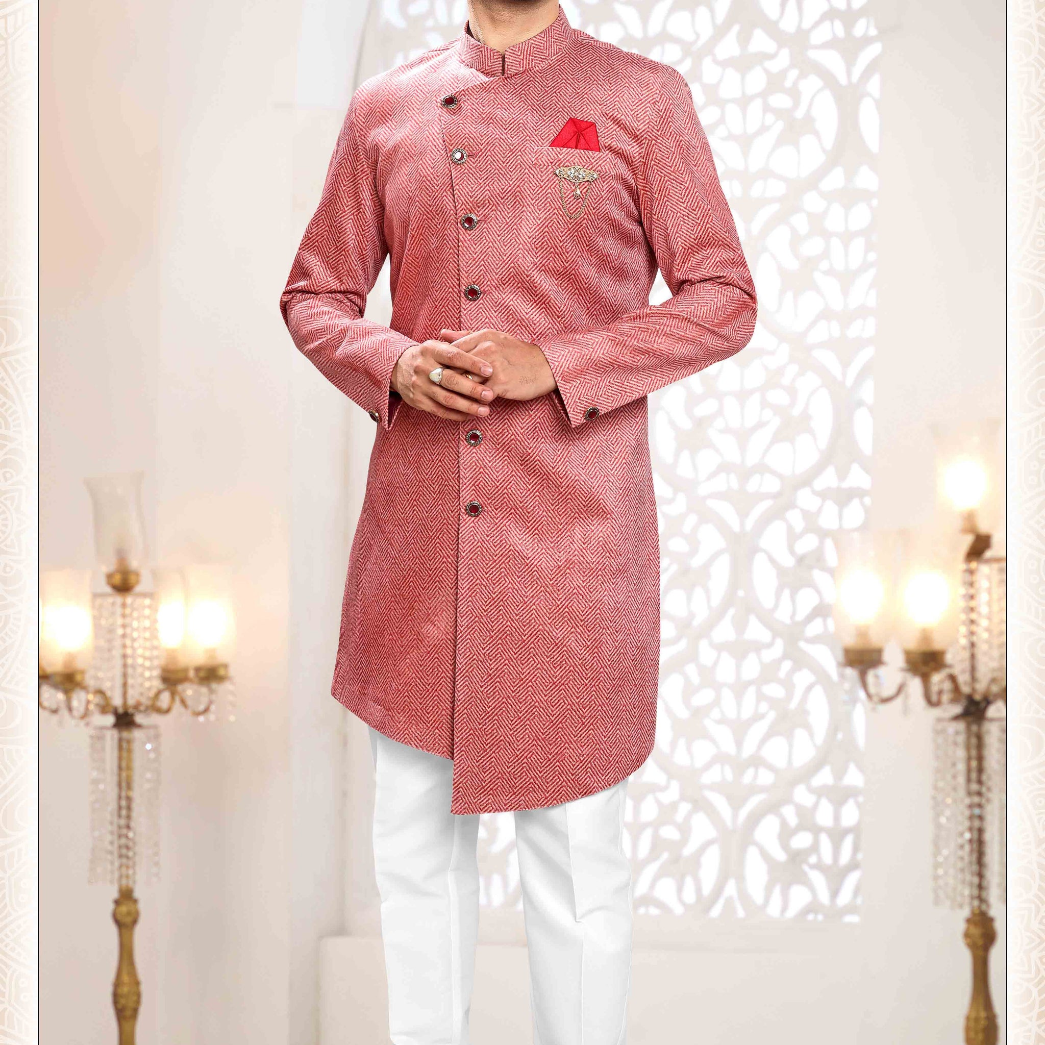Suede Velvet Shervani In Red