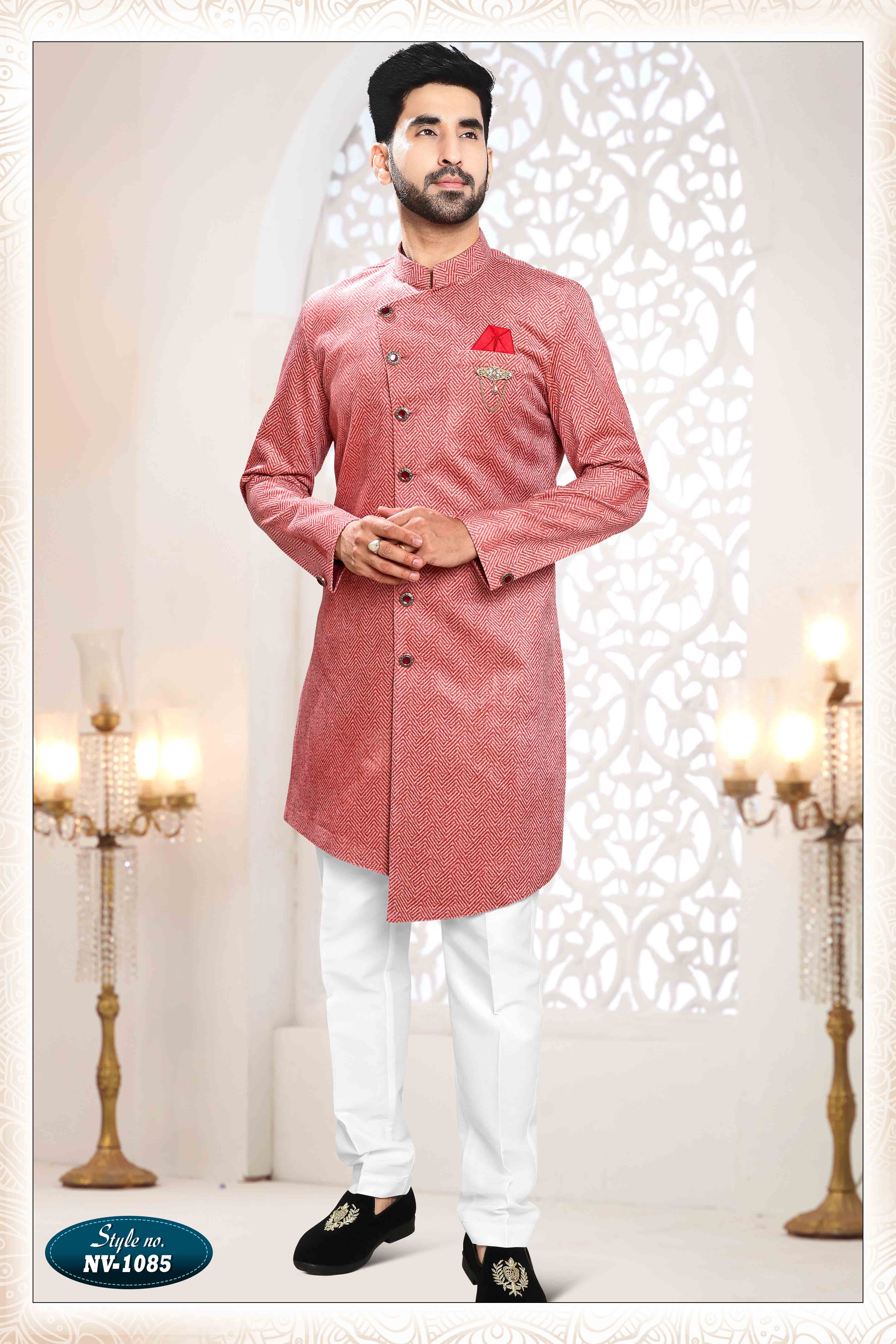 Suede Velvet Shervani In Red