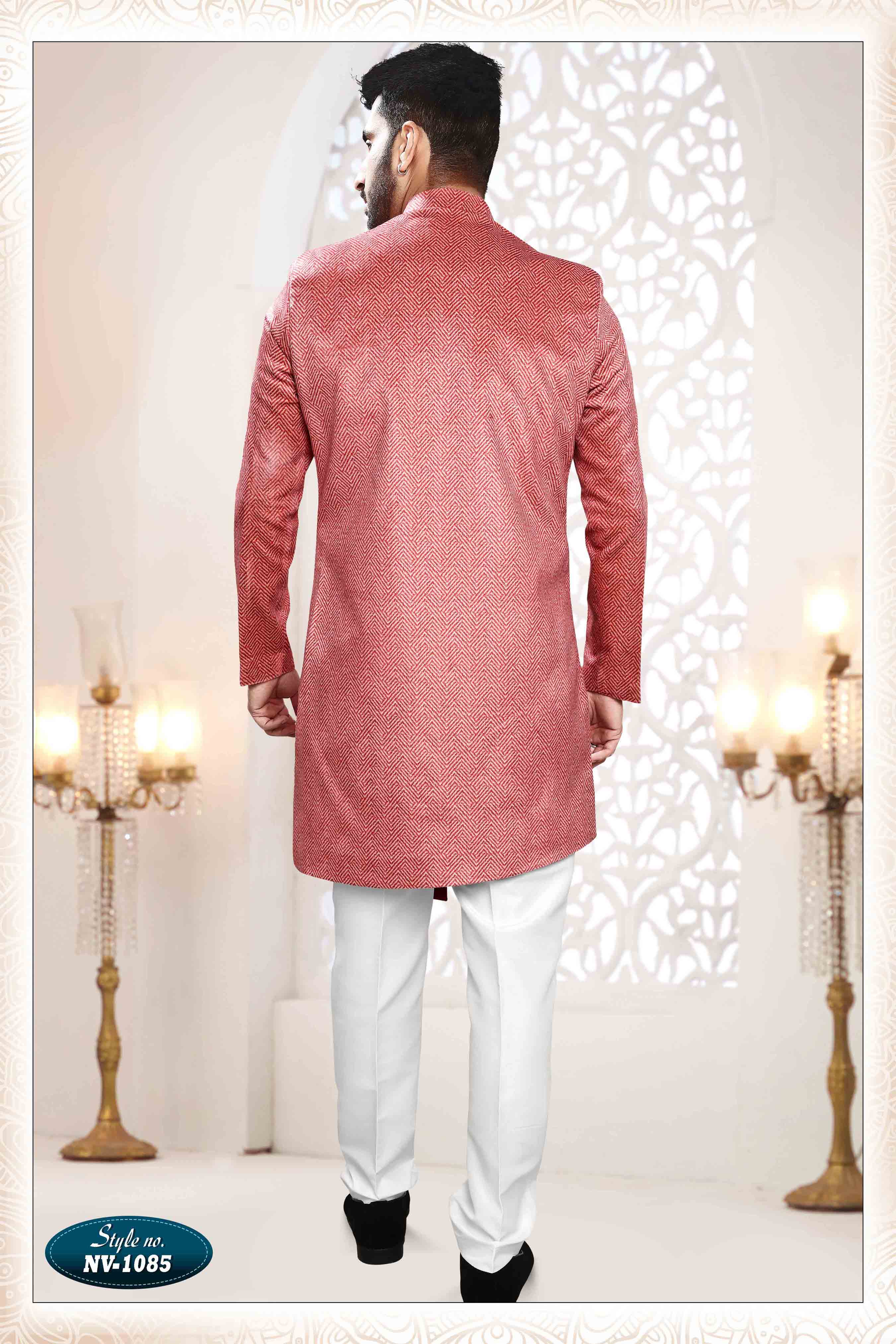 Suede Velvet Shervani In Red