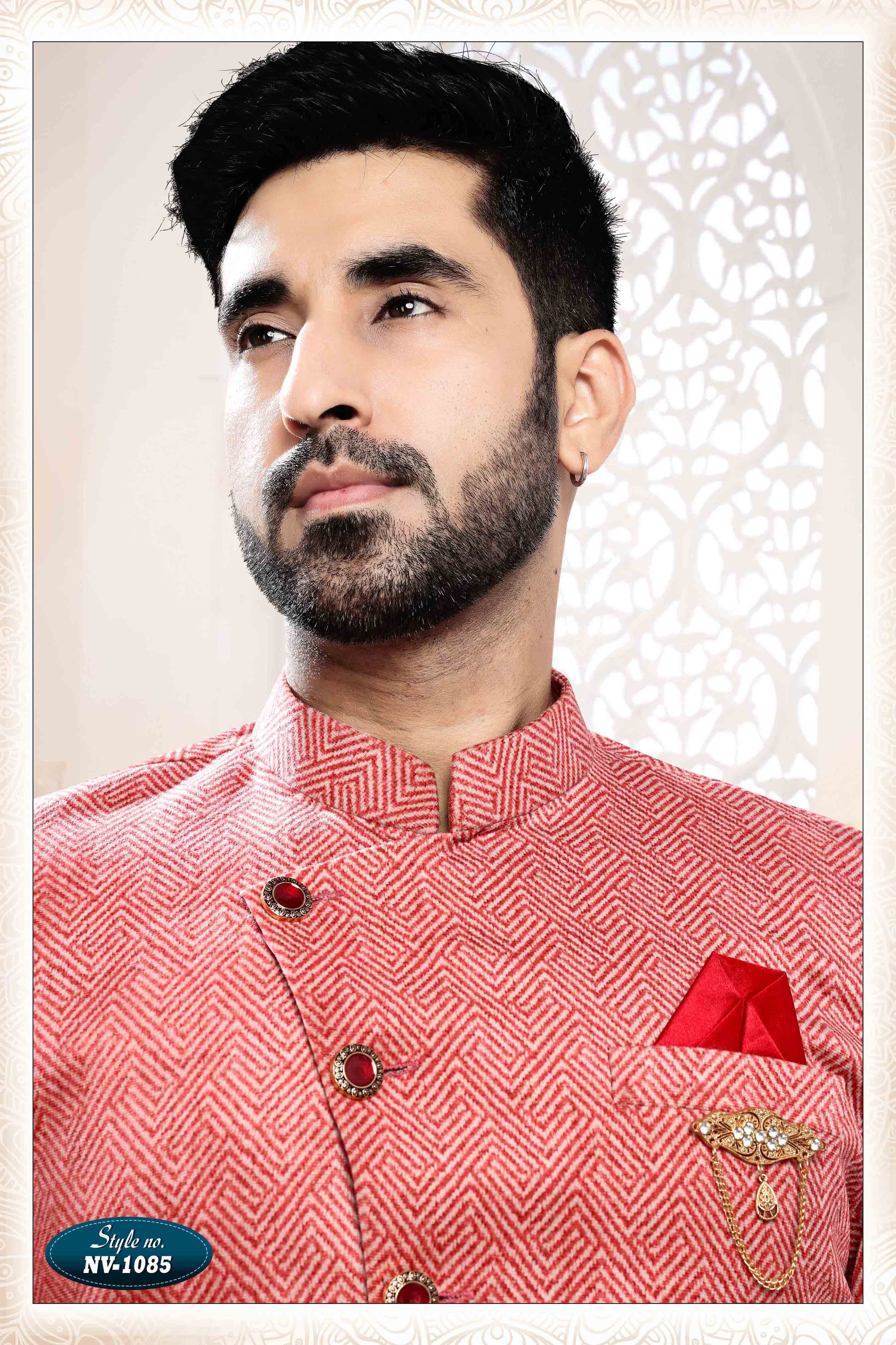 Suede Velvet Shervani In Red