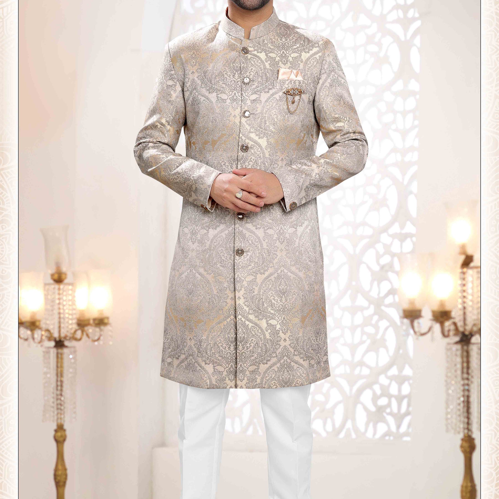 Woven Art Silk Jacquard Sherwani In Gold & Grey