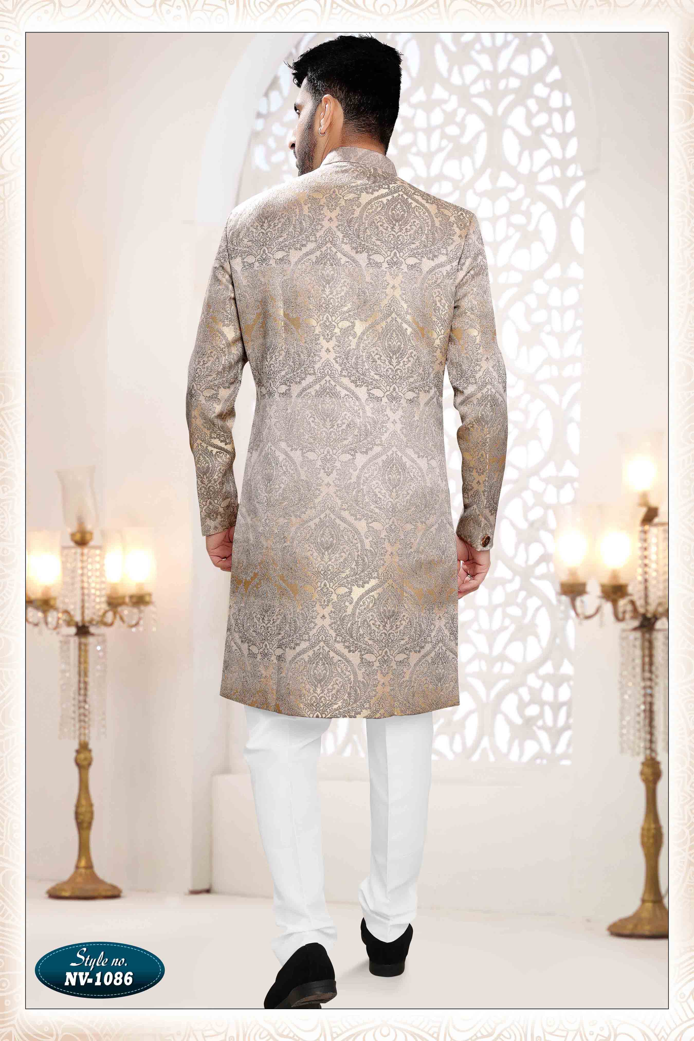 Woven Art Silk Jacquard Sherwani In Gold & Grey
