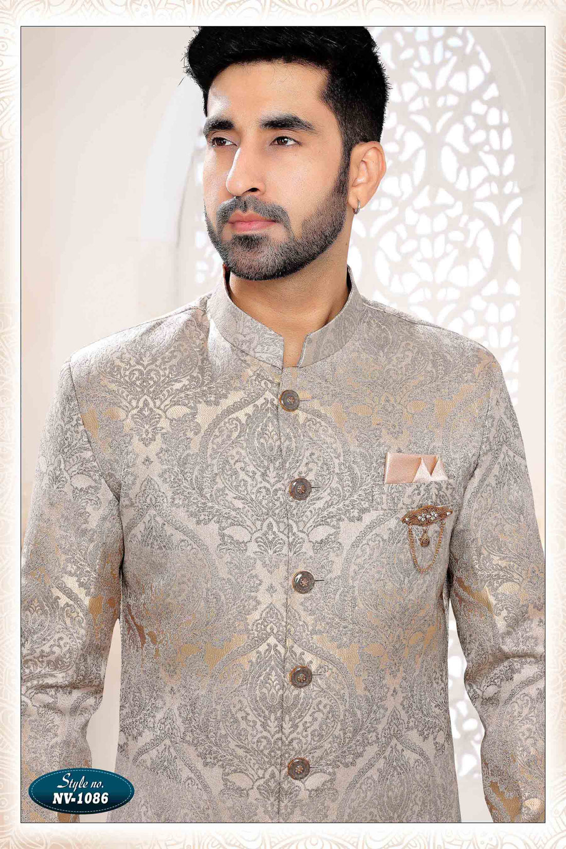 Woven Art Silk Jacquard Sherwani In Gold & Grey