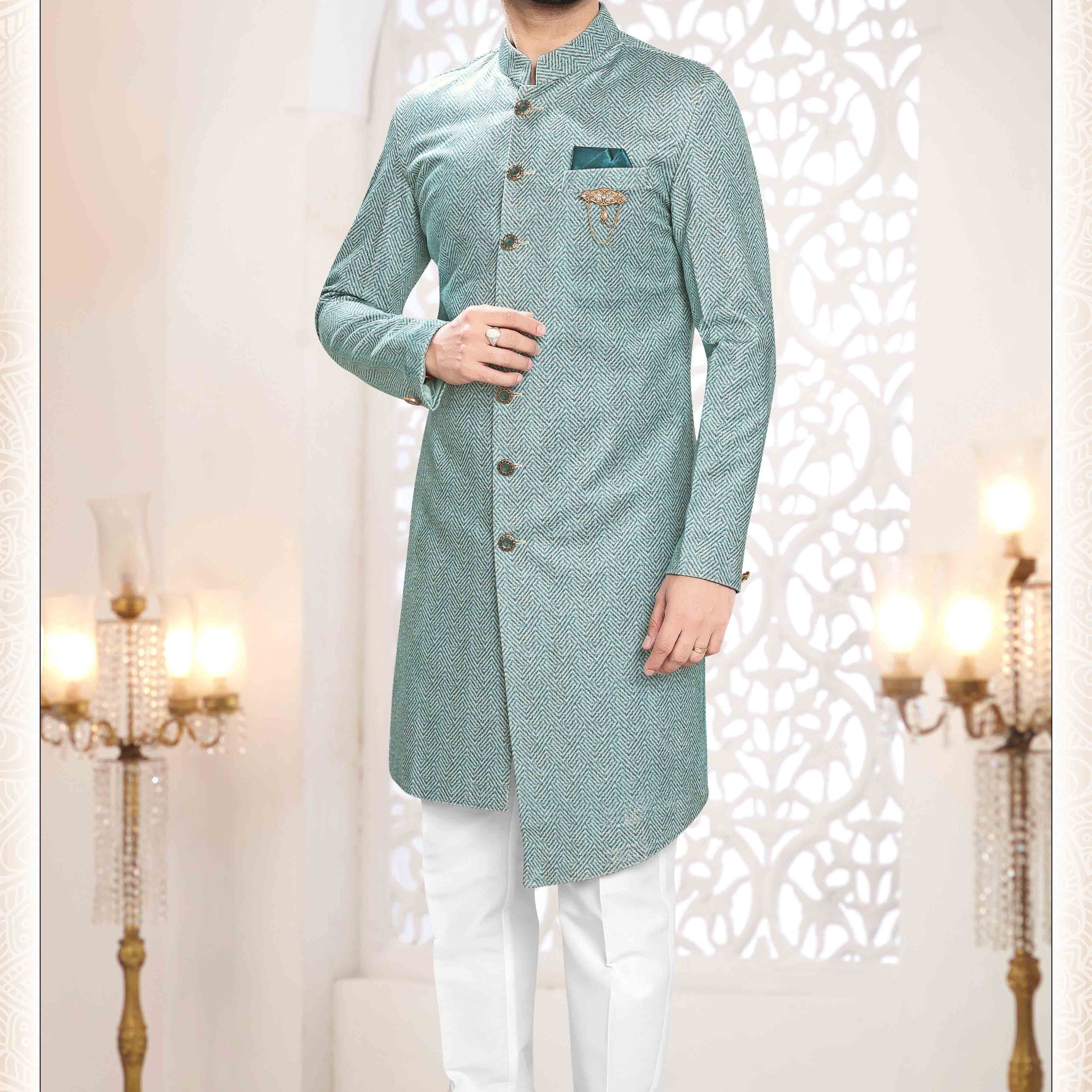 Suede Velvet Shervani In Blue