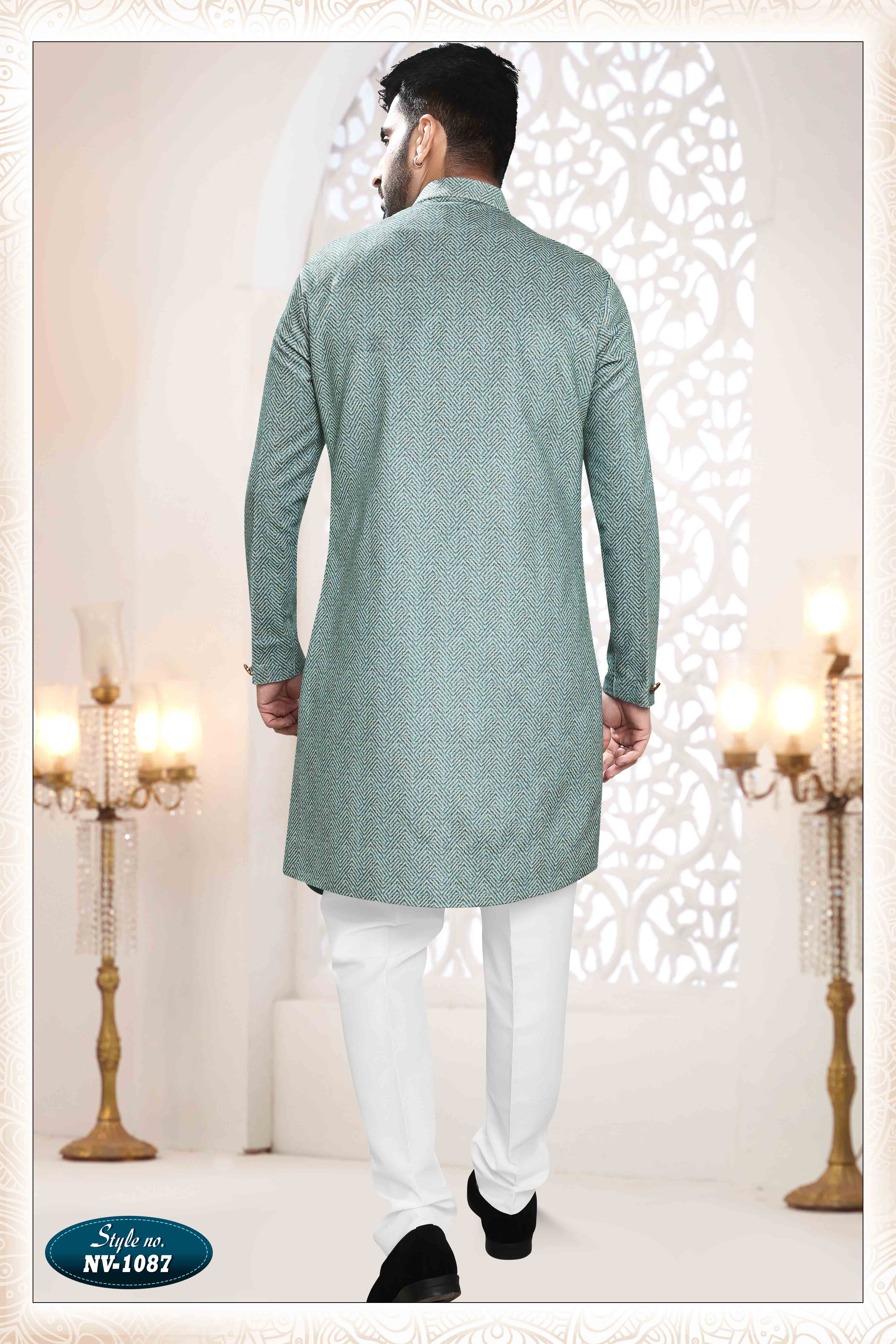 Suede Velvet Shervani In Blue