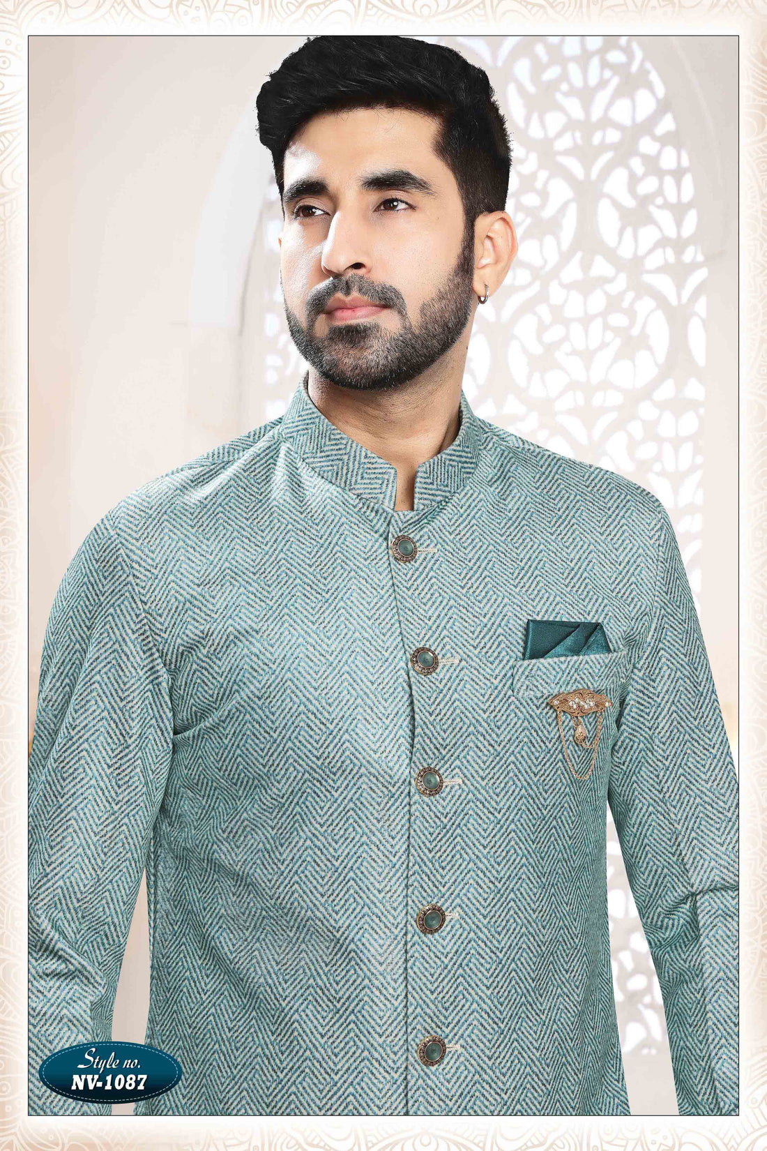 Suede Velvet Shervani In Blue