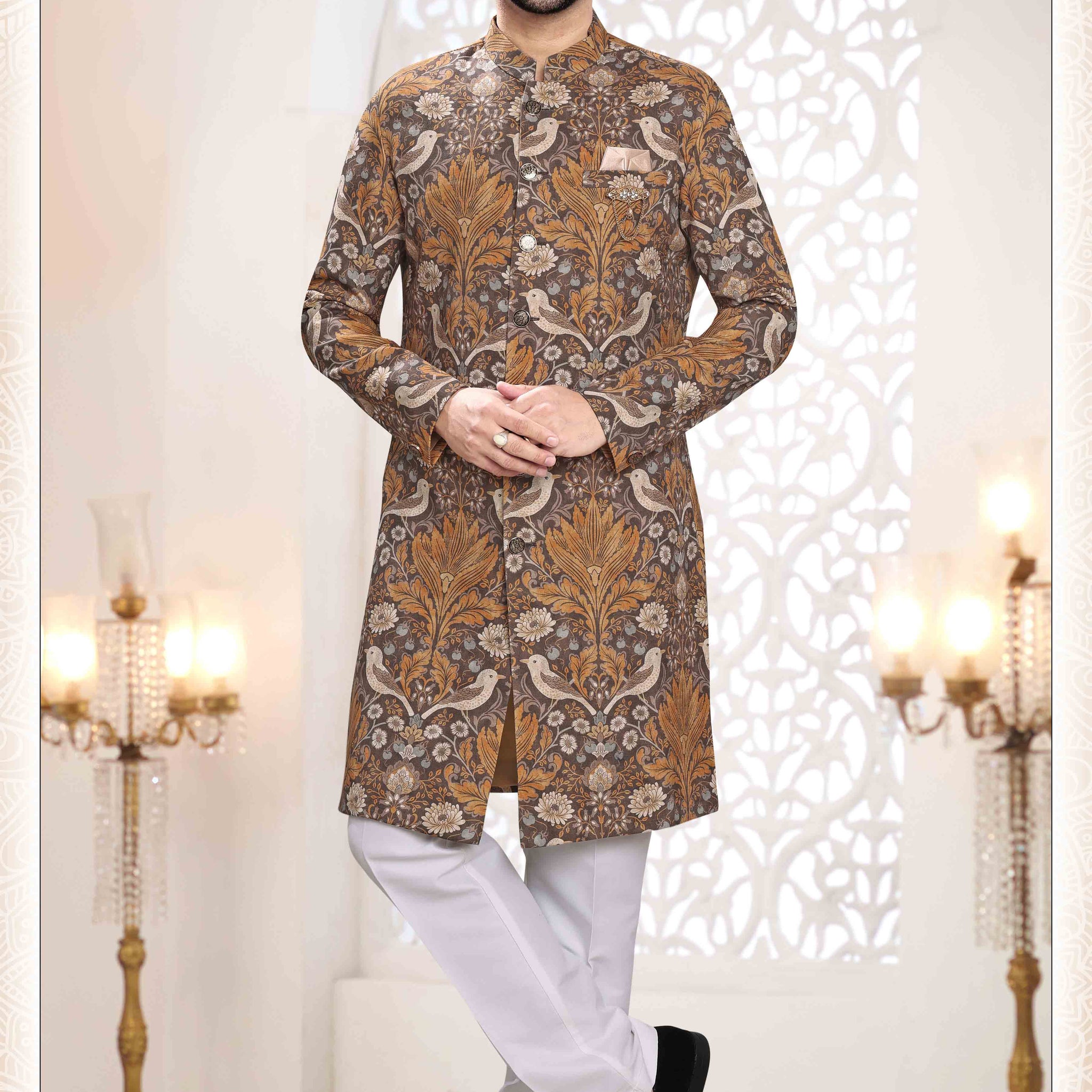 Printed Linen Sherwani In Brown