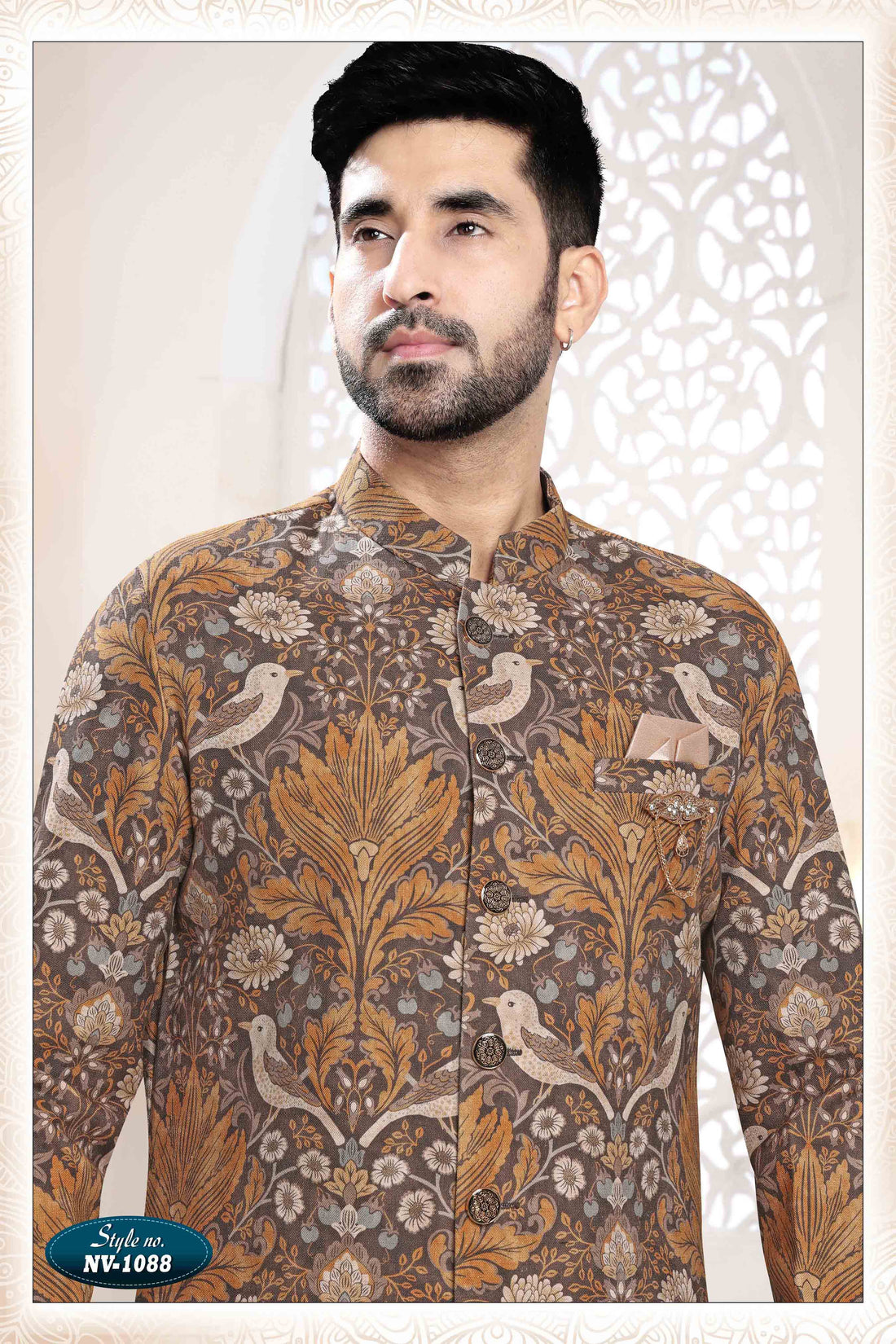 Printed Linen Sherwani In Brown