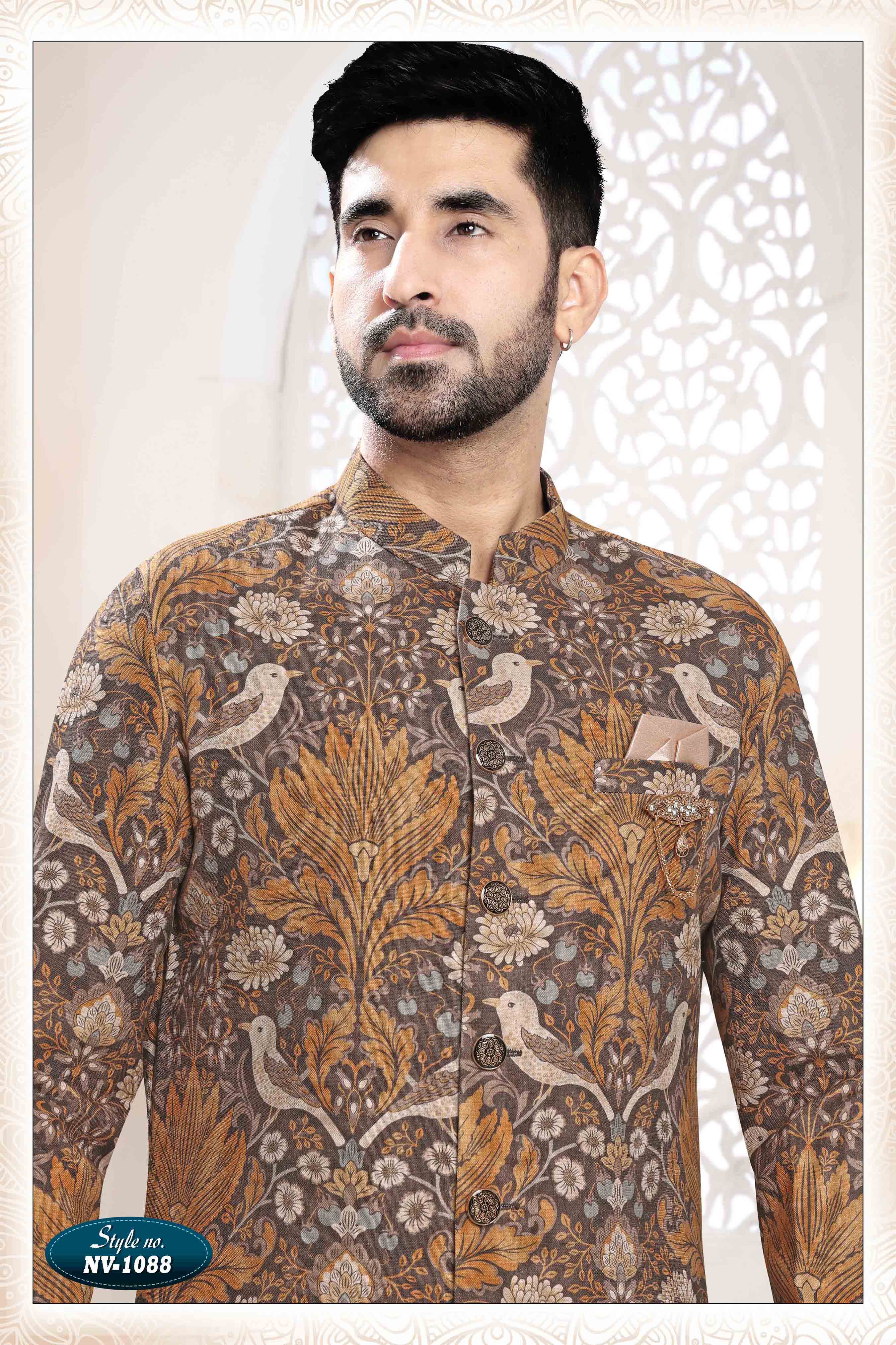 Printed Linen Sherwani In Brown