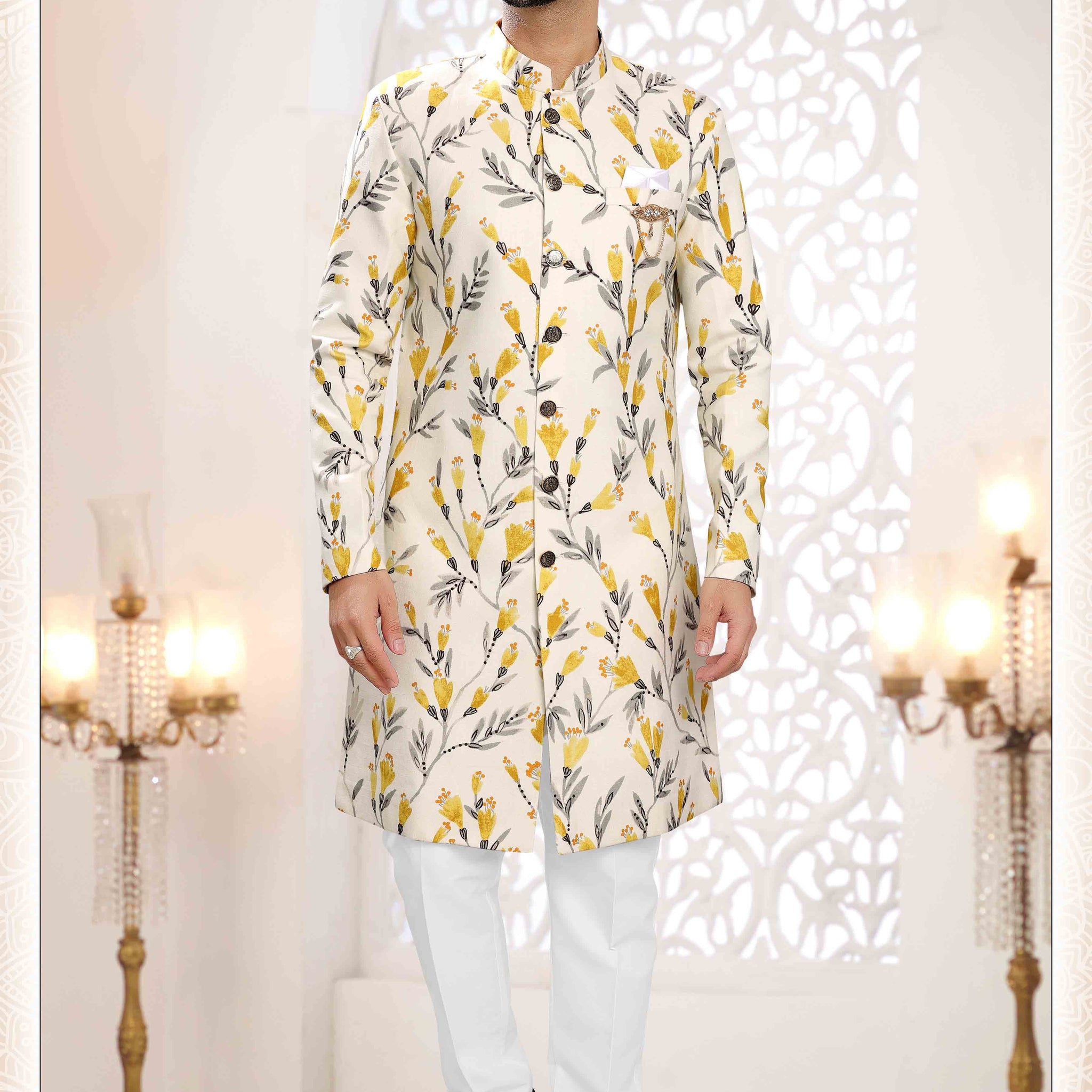 Printed Linen Sherwani In Cream