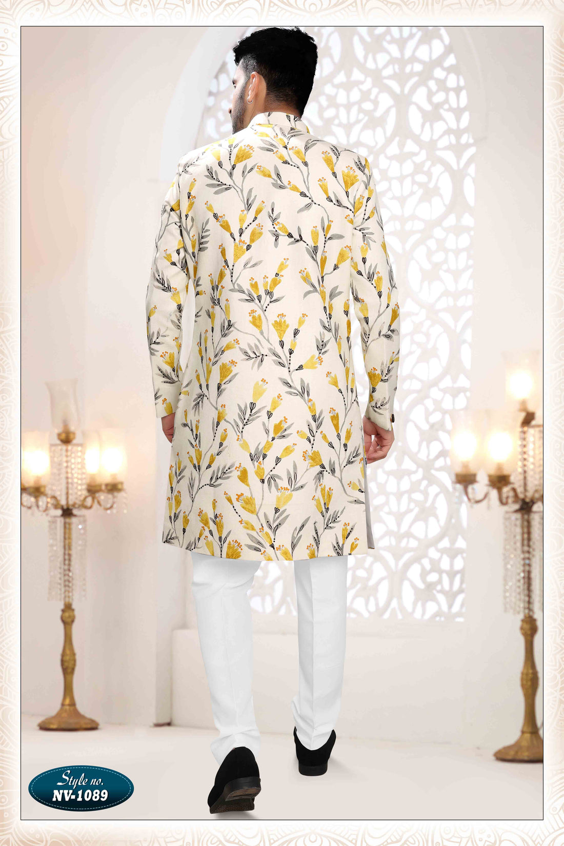 Printed Linen Sherwani In Cream