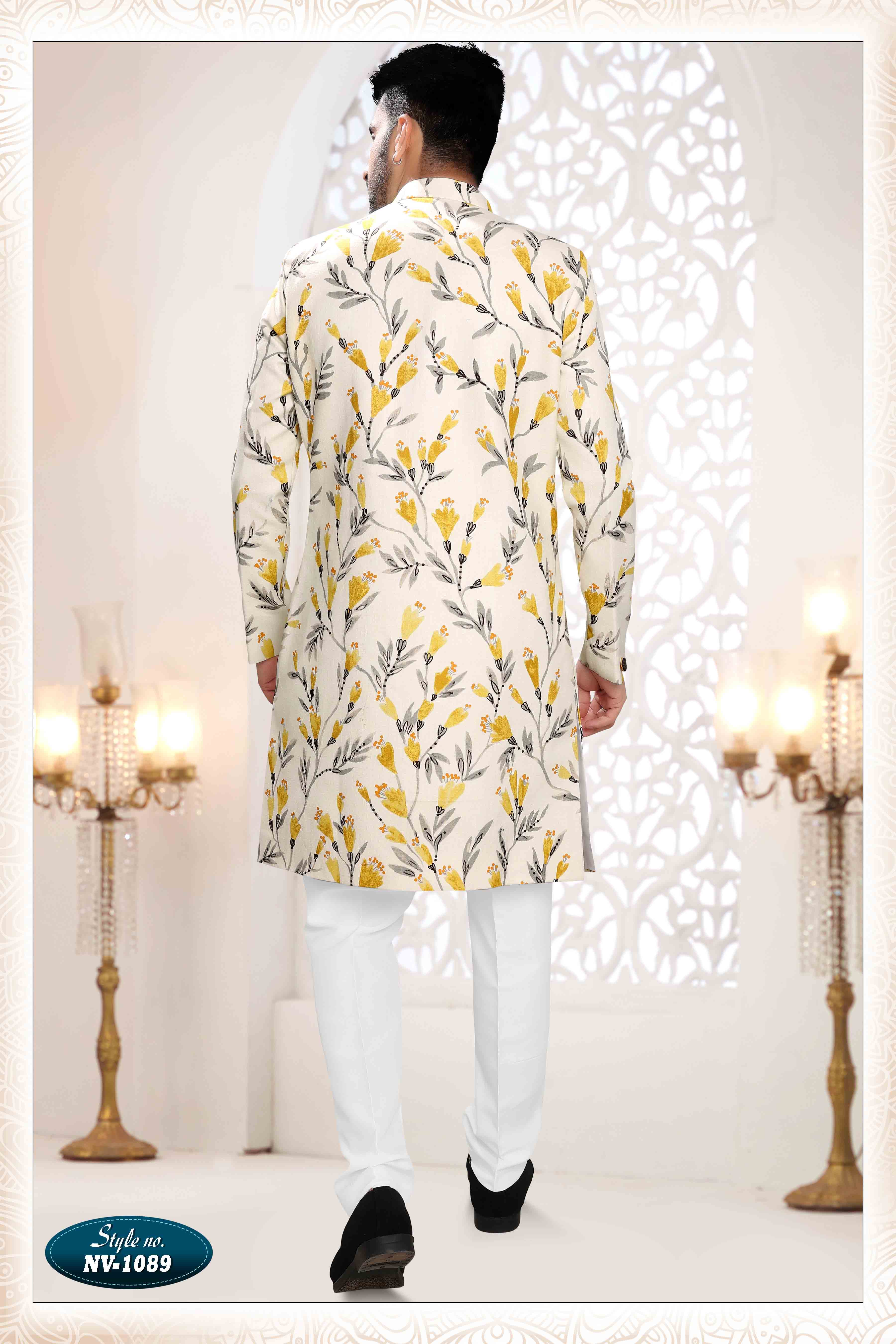 Printed Linen Sherwani In Cream