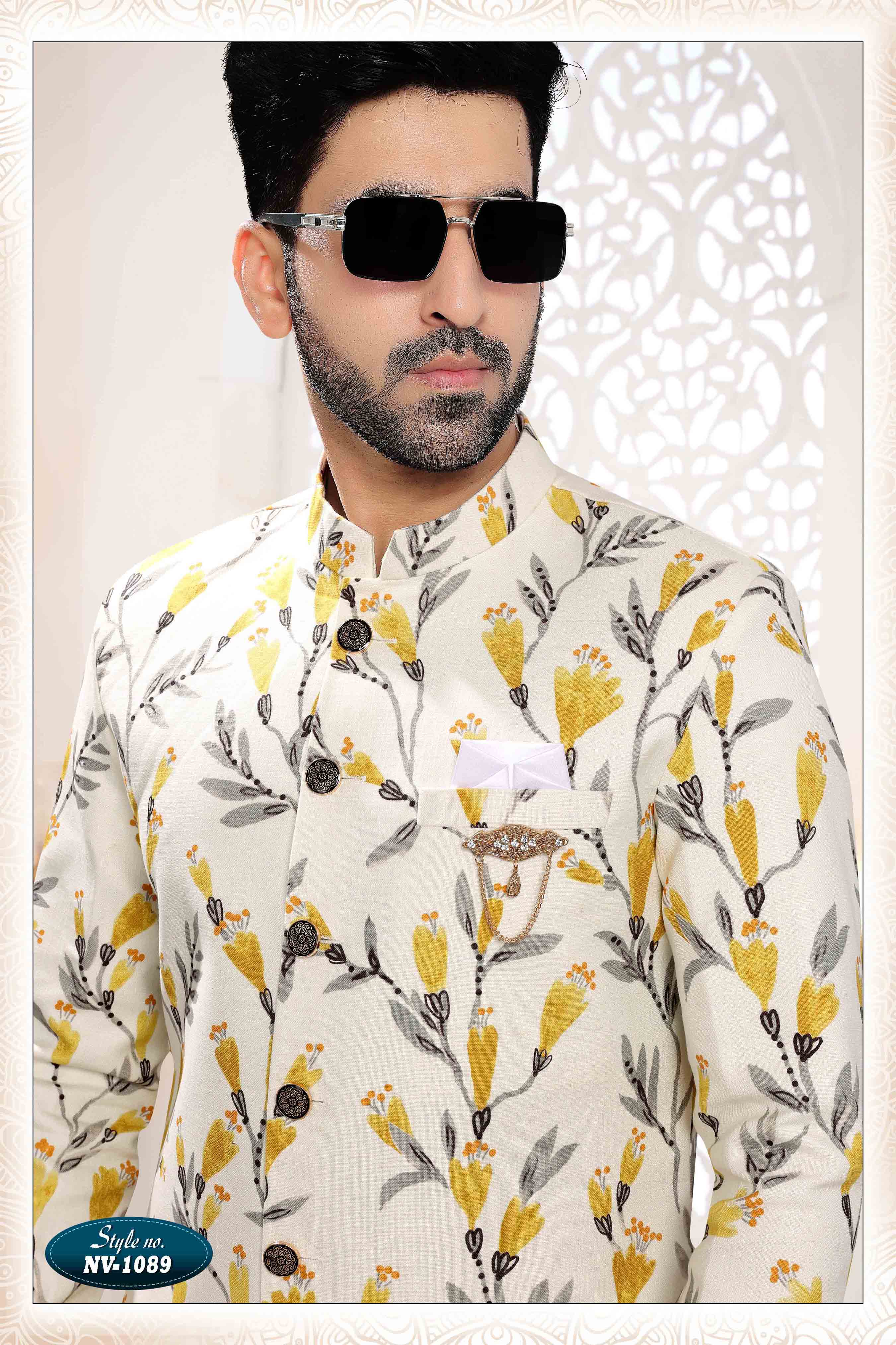 Printed Linen Sherwani In Cream