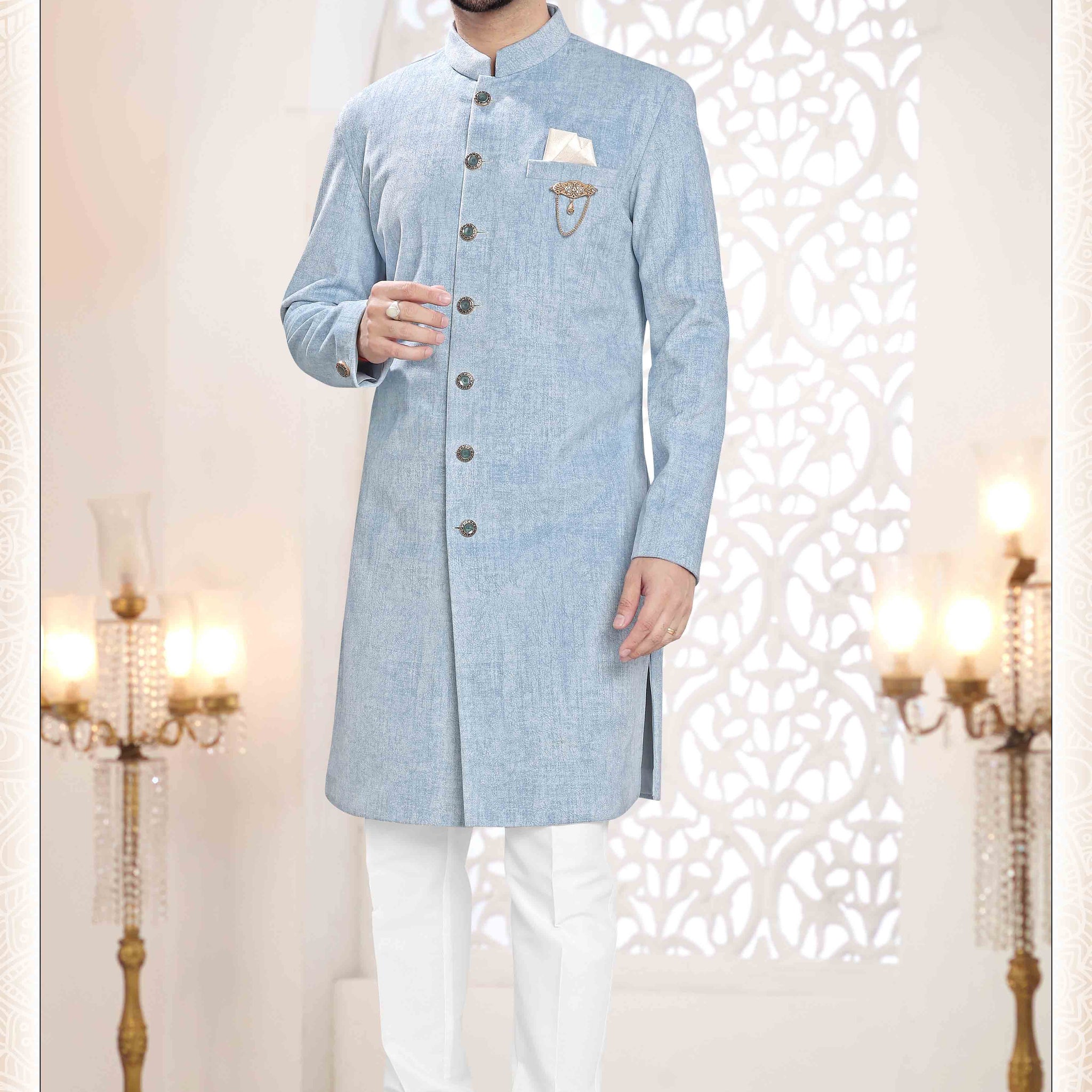 Suede Velvet Shervani In Blue