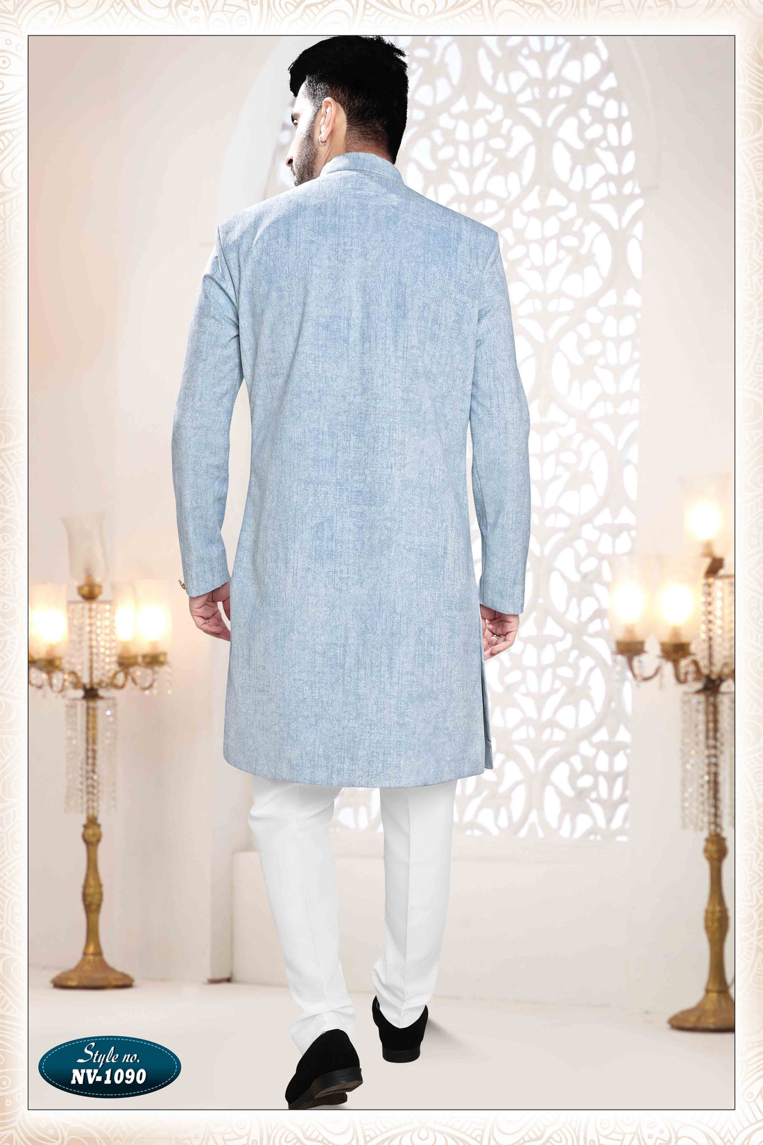 Suede Velvet Shervani In Blue