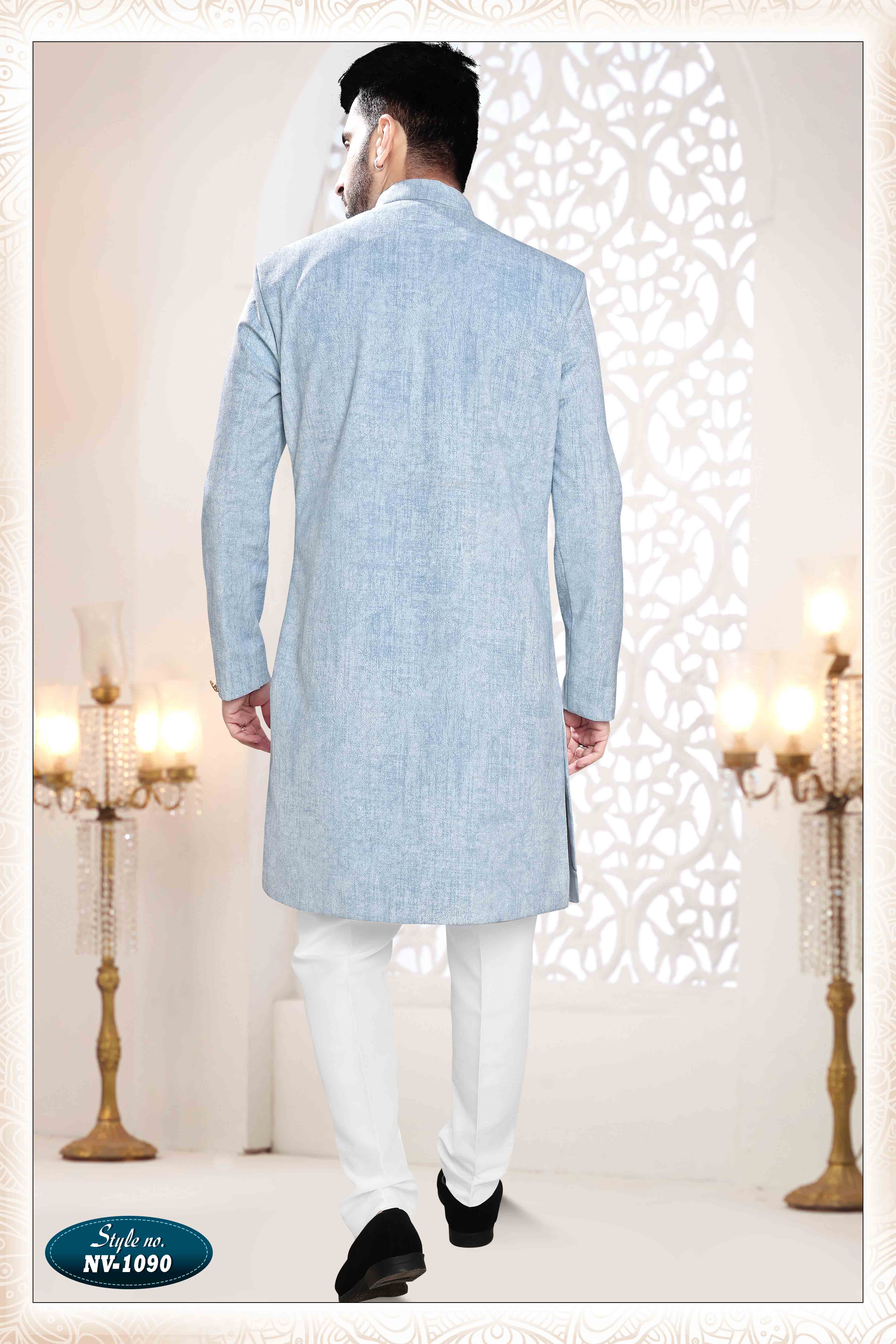 Suede Velvet Shervani In Blue
