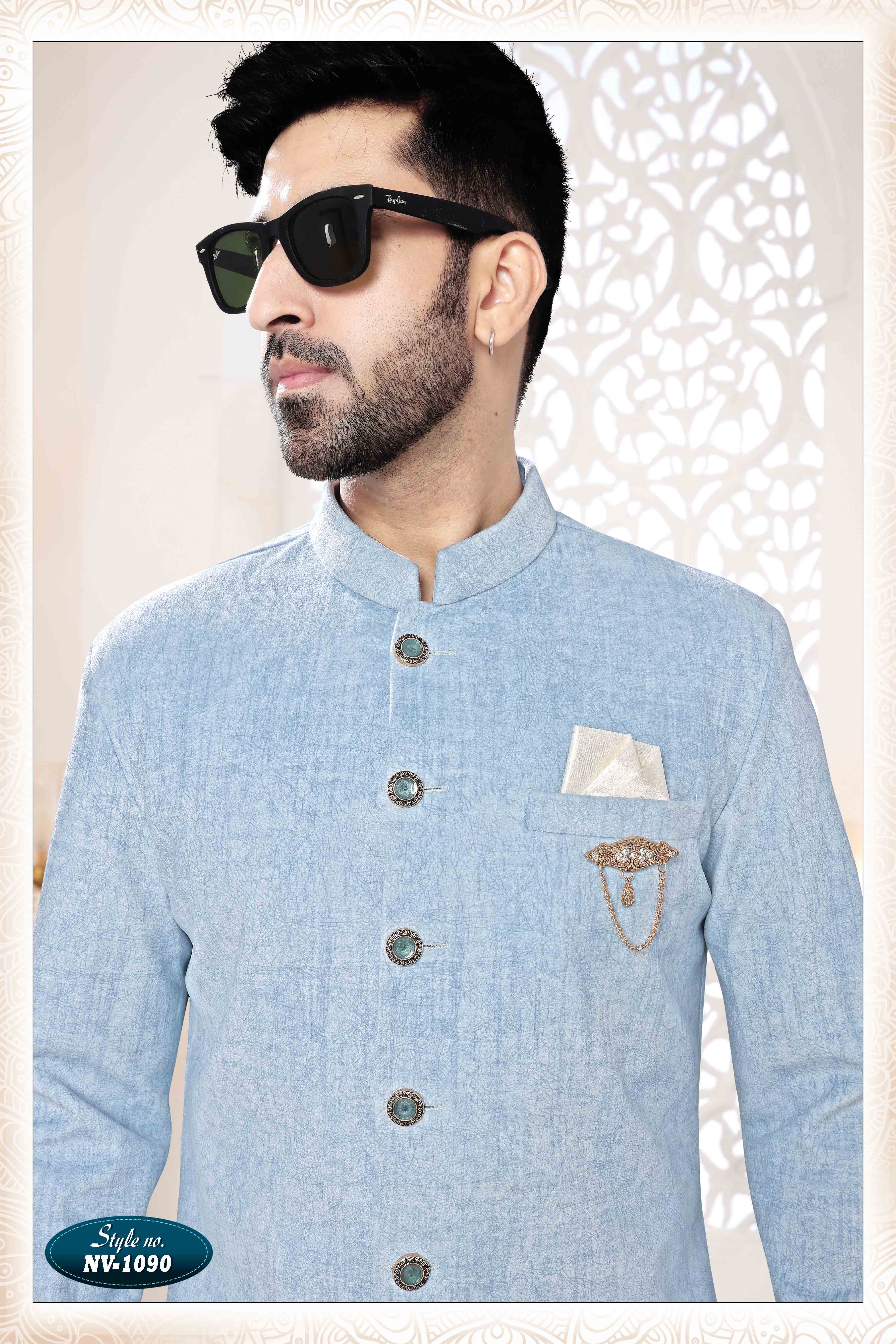 Suede Velvet Shervani In Blue