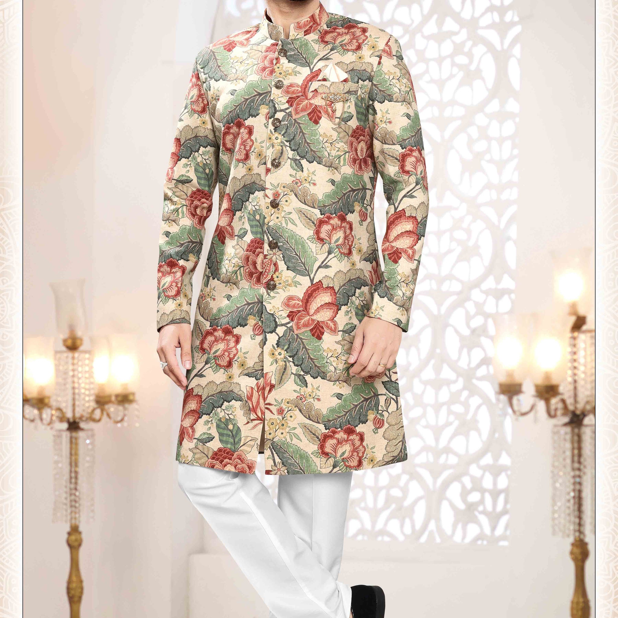 Printed Linen Sherwani In Beige