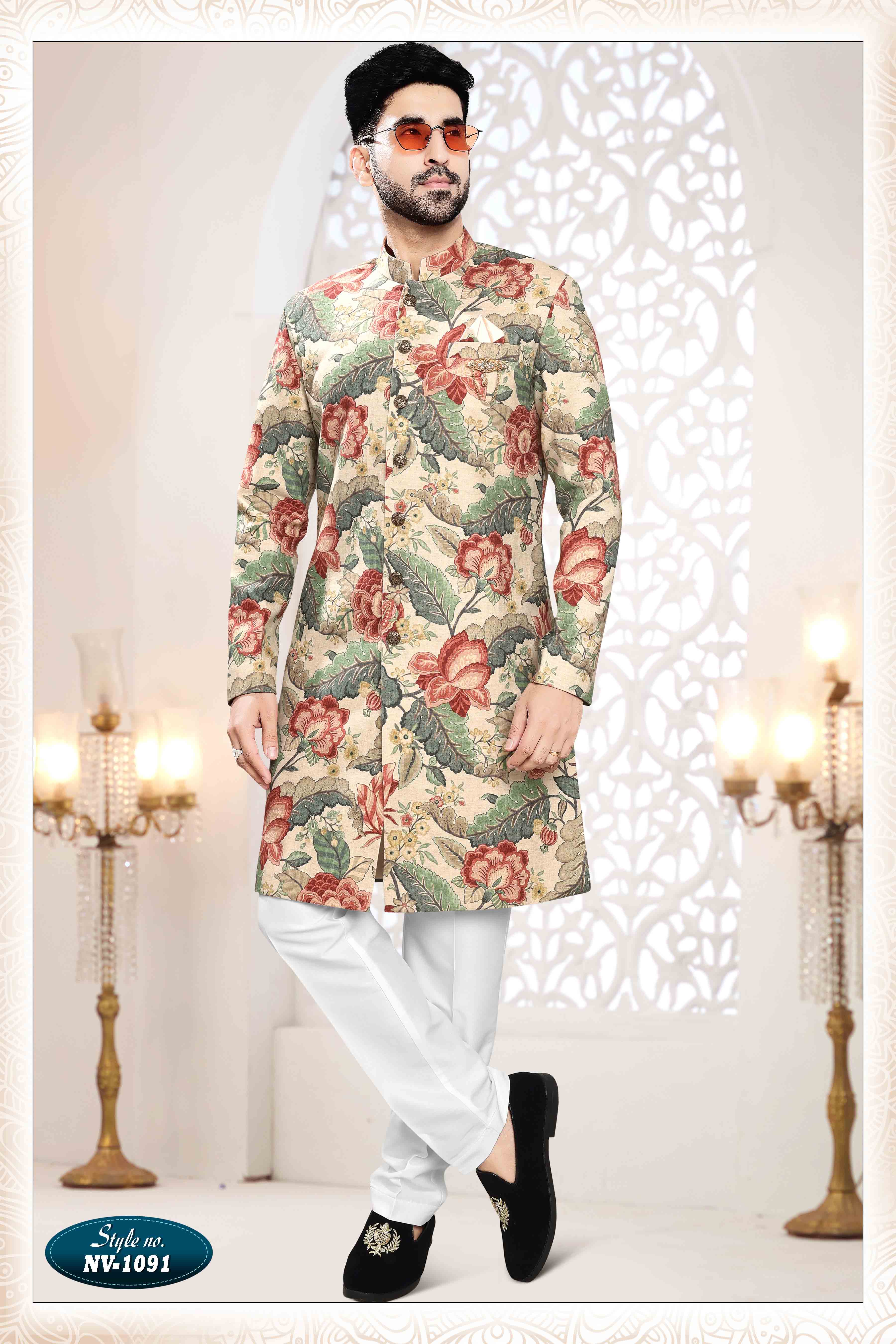 Printed Linen Sherwani In Beige