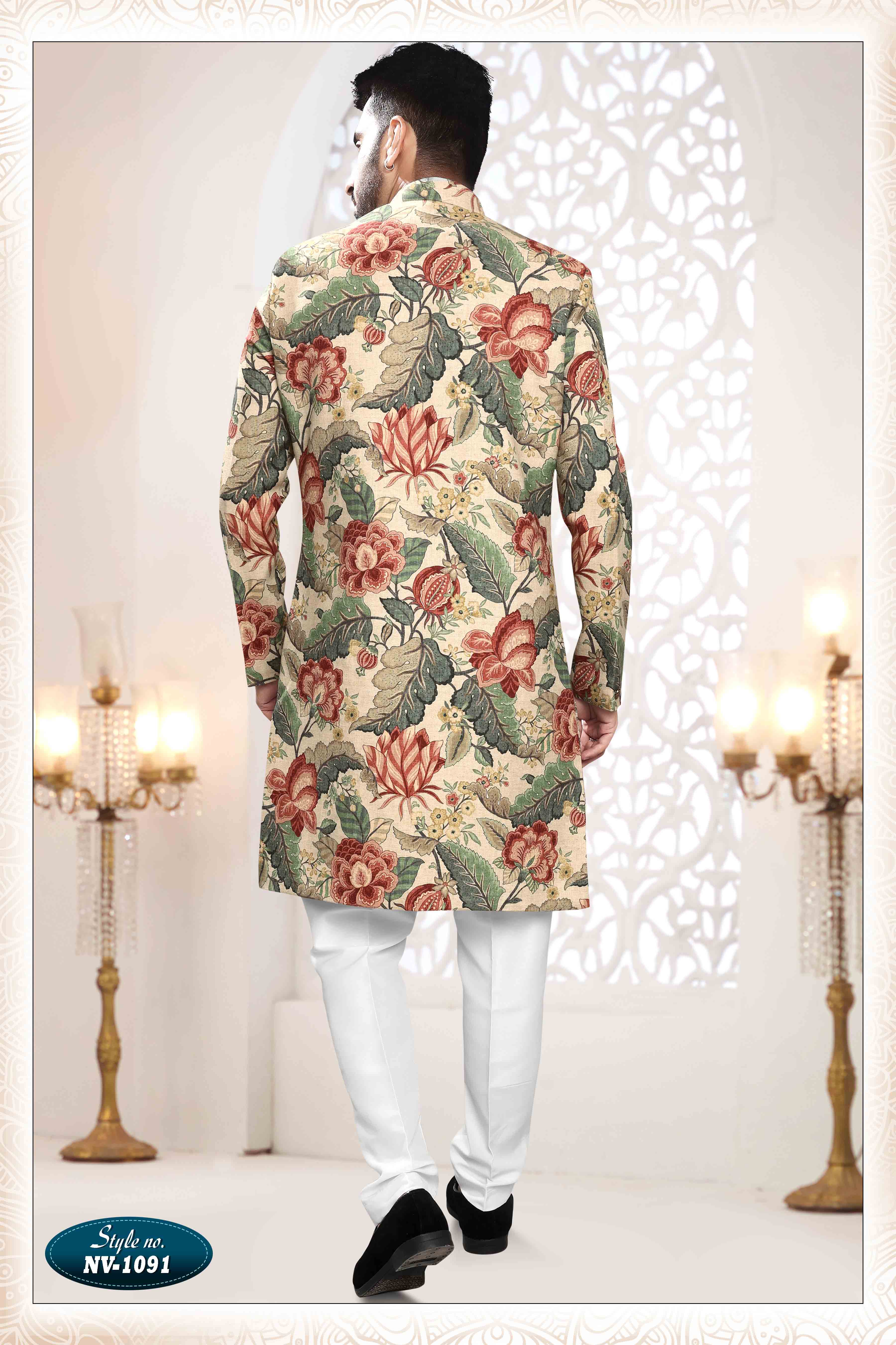 Printed Linen Sherwani In Beige
