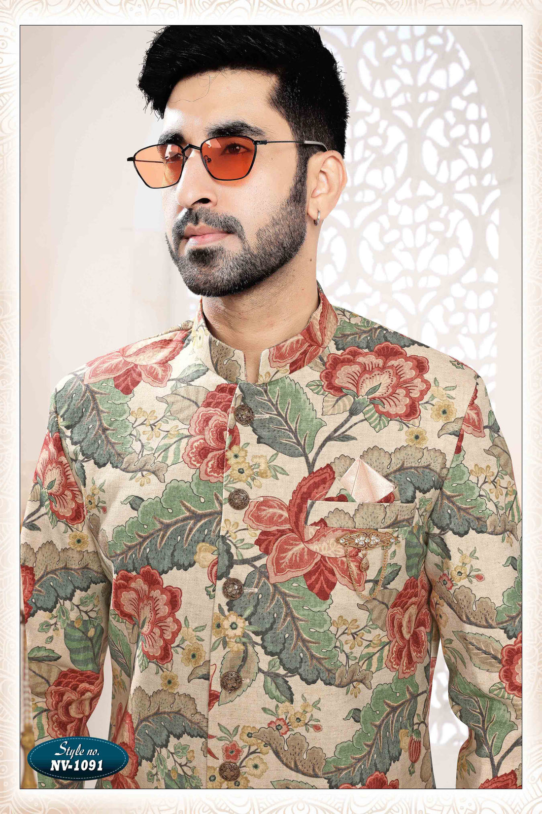 Printed Linen Sherwani In Beige