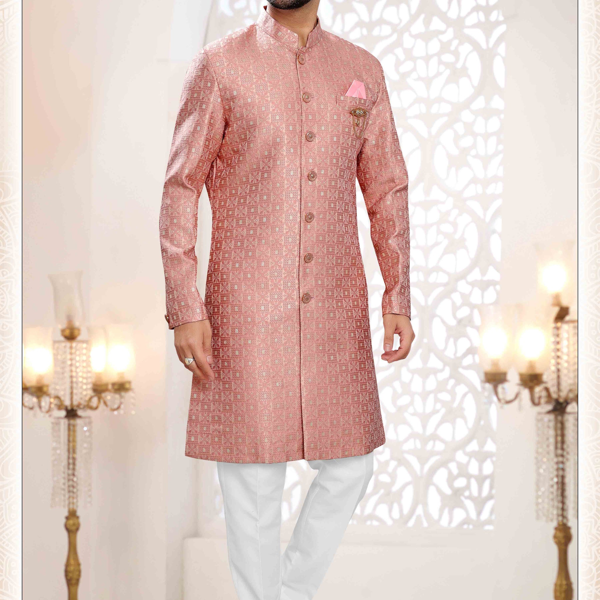 Woven Art Silk Jacquard Sherwani In Pink