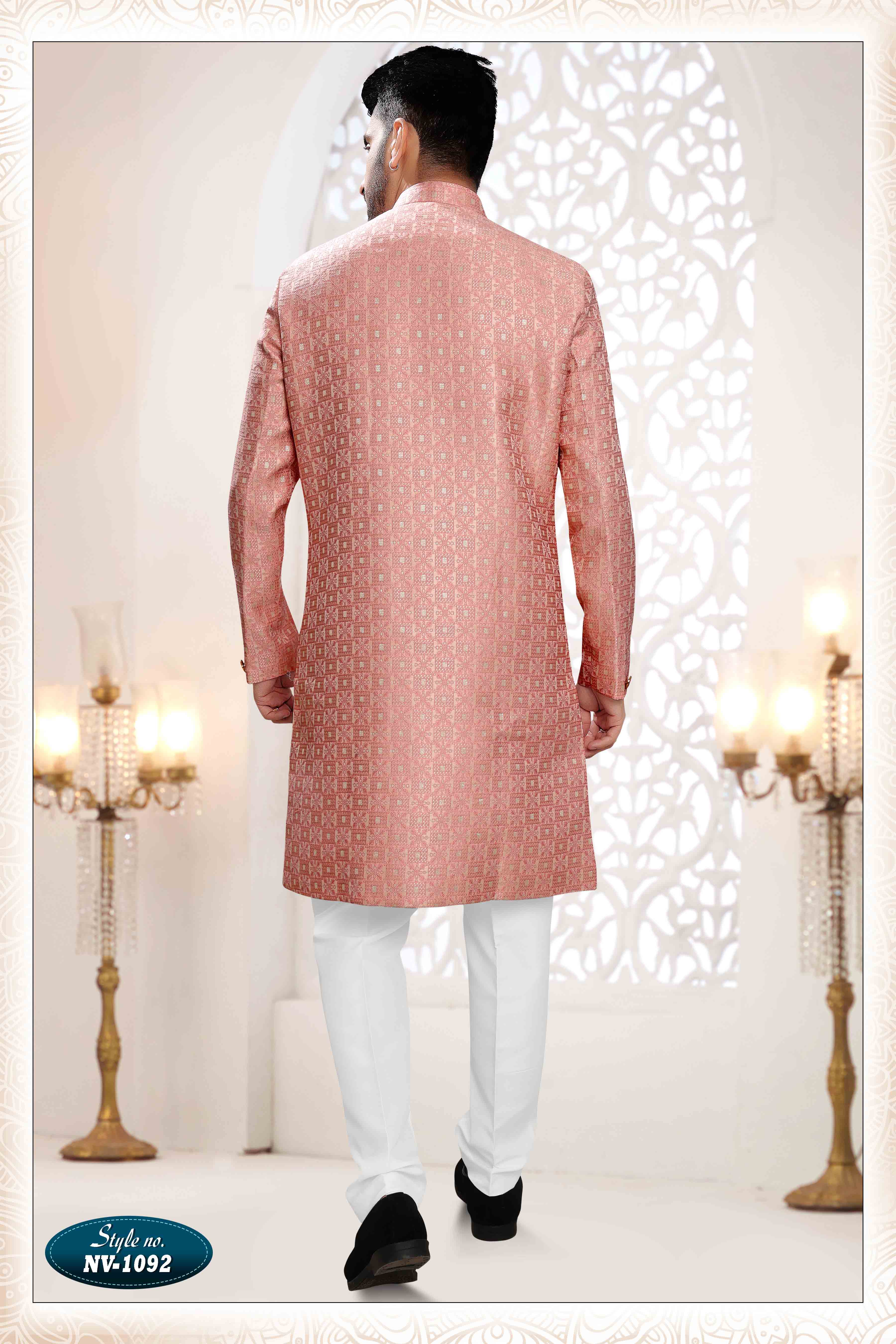 Woven Art Silk Jacquard Sherwani In Pink
