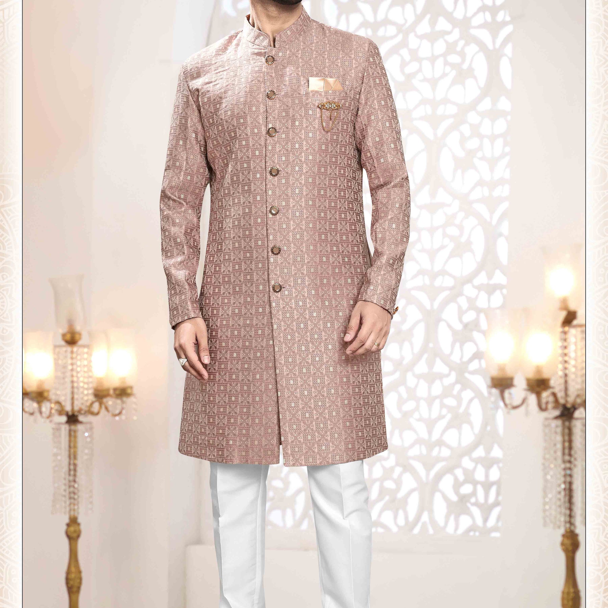 Woven Art Silk Jacquard Sherwani In Onion Pink