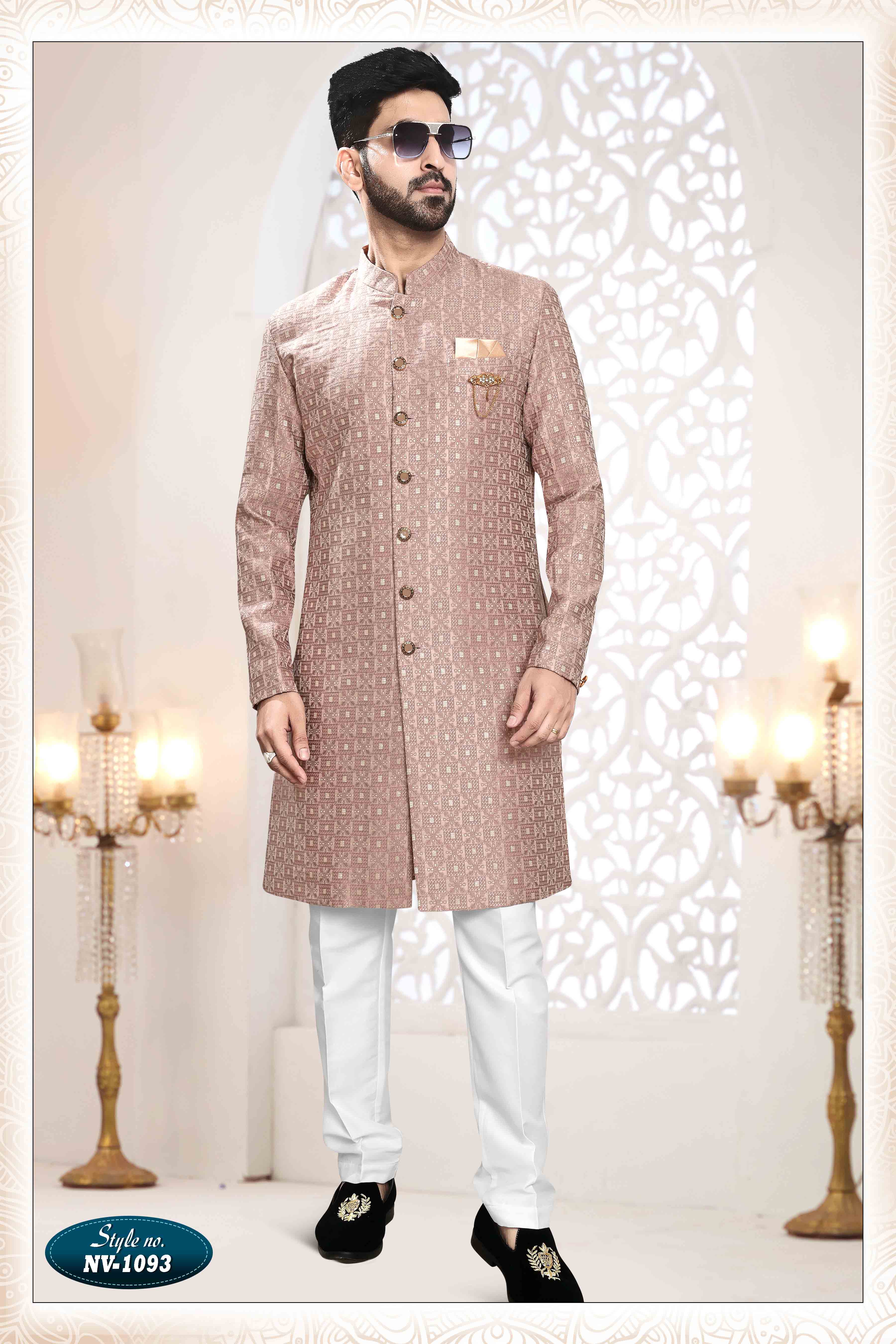 Woven Art Silk Jacquard Sherwani In Onion Pink