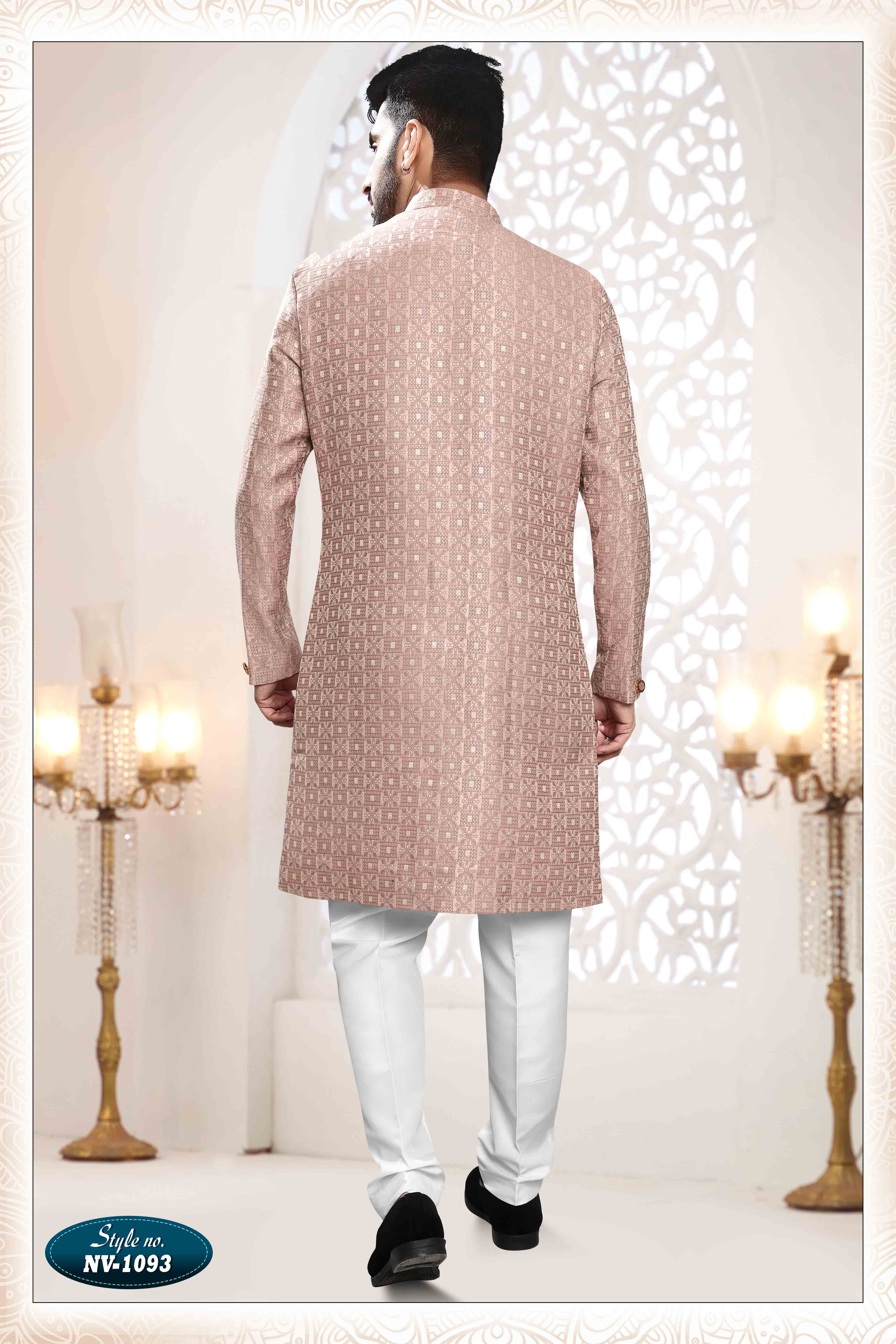 Woven Art Silk Jacquard Sherwani In Onion Pink
