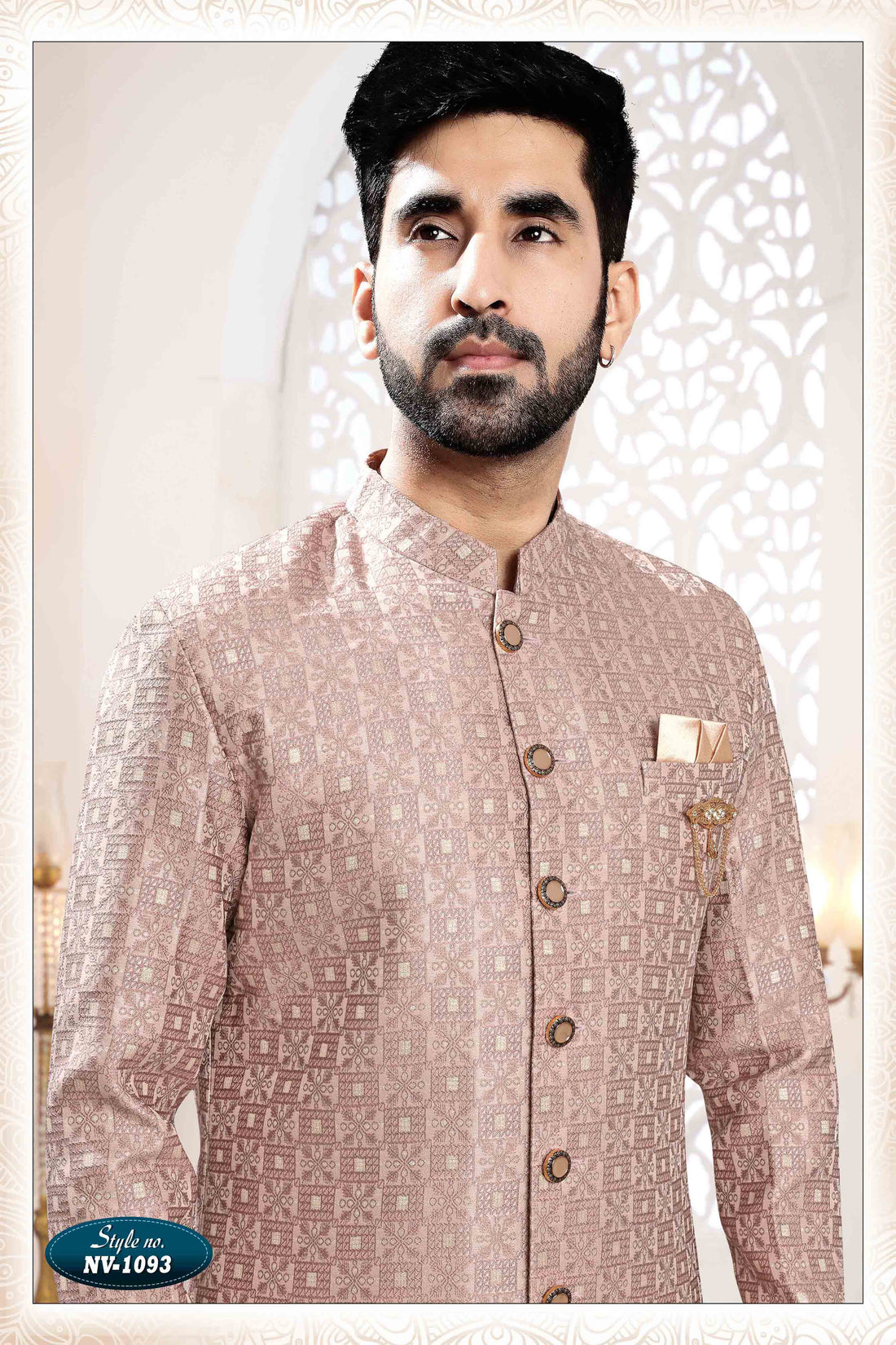 Woven Art Silk Jacquard Sherwani In Onion Pink