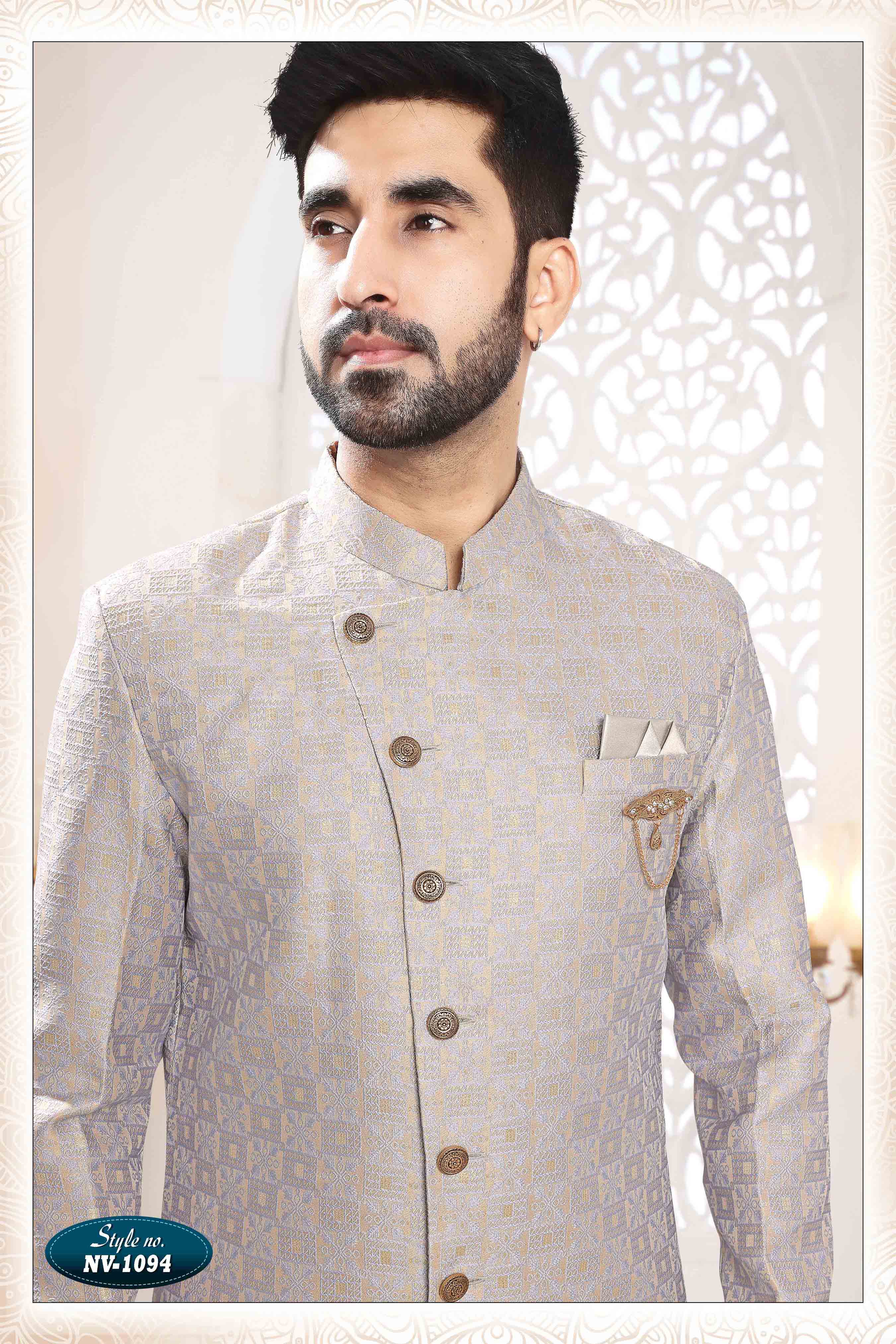 Woven Art Silk Jacquard Sherwani In Blue